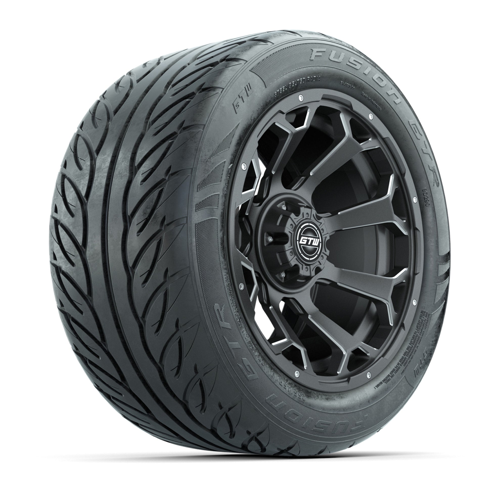 GTW® Raven Matte Gray/Ball Milled 14 in Wheels with 255/45-R14 Fusion GTR Steel Belt Radial Street Tires – Full Set