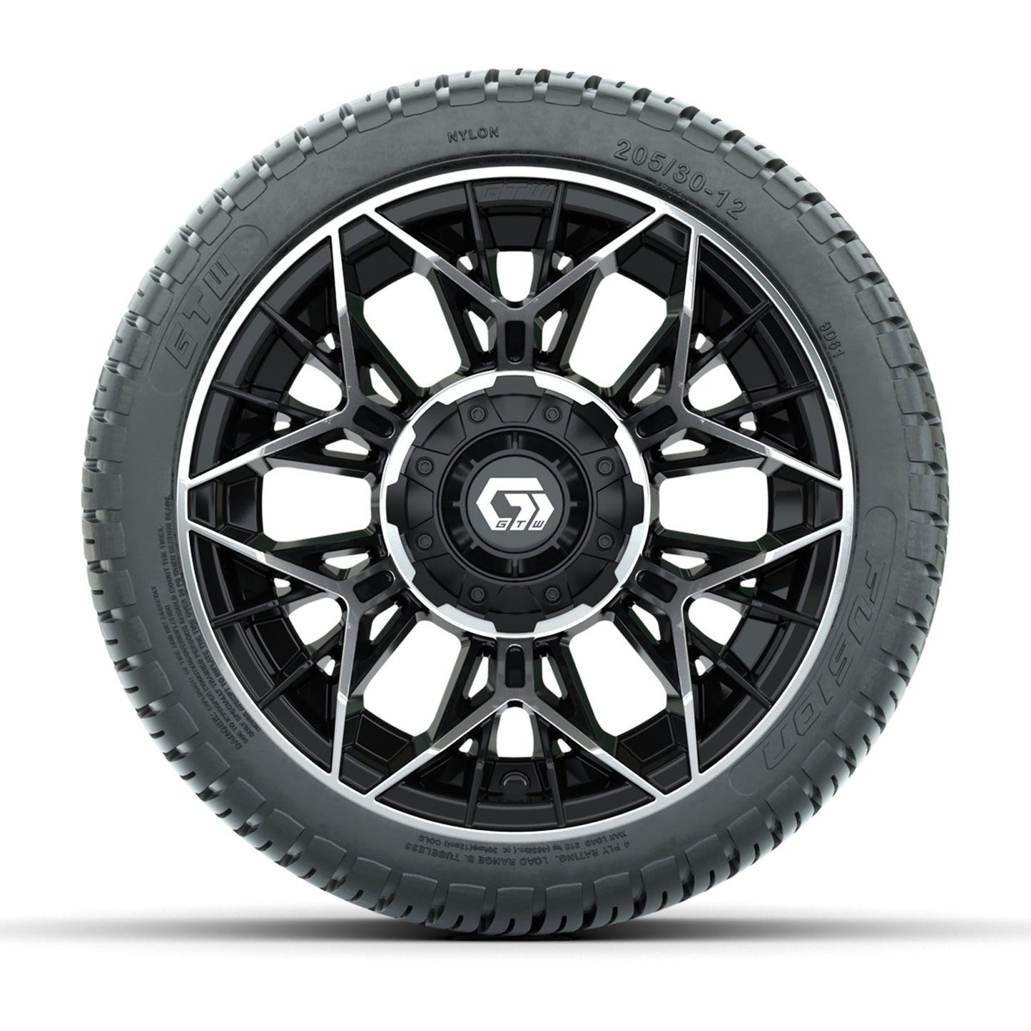 GTW® Stellar Black/Machined 12 in Wheels with 205/30-12 Fusion Street Tires – Full Set