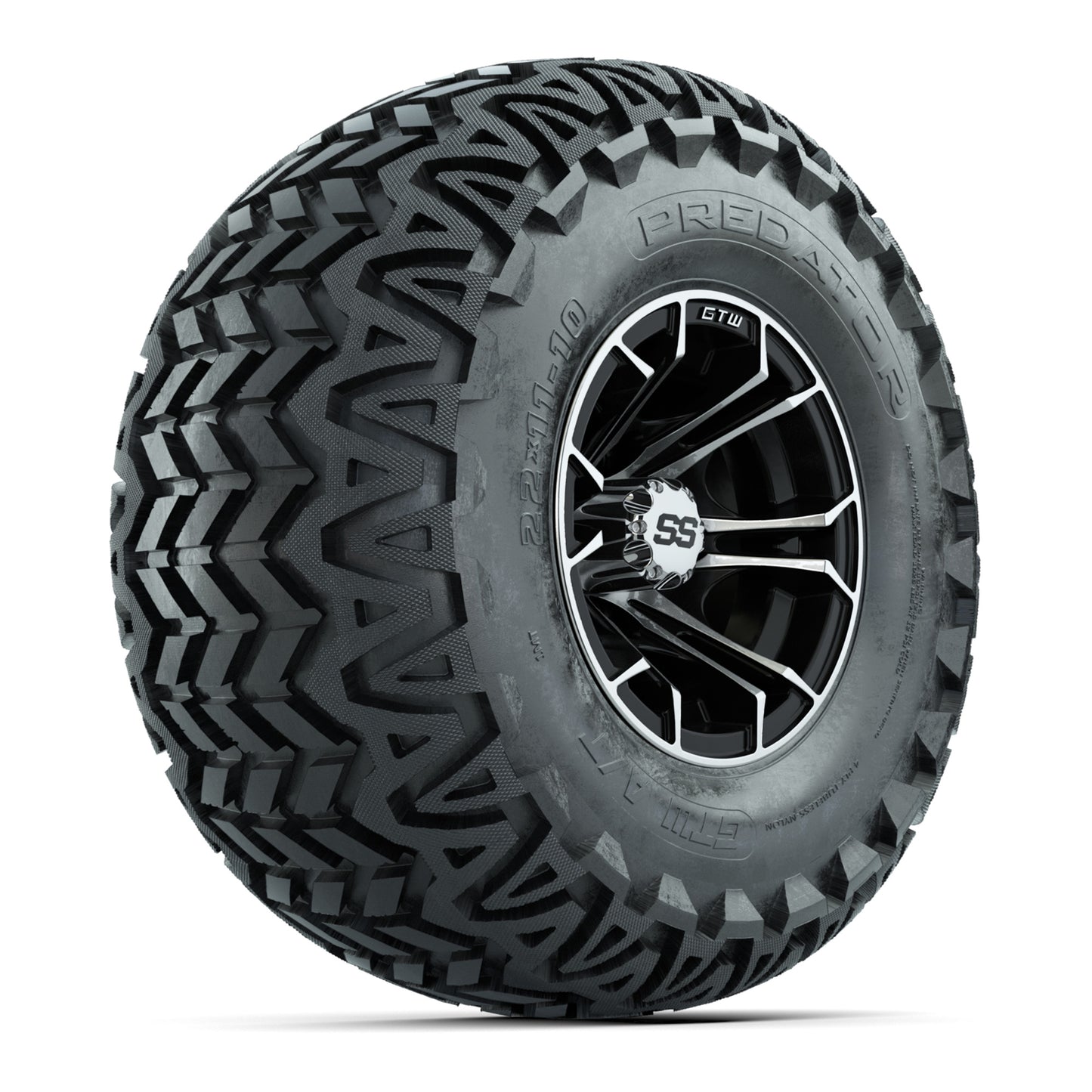 GTW Spyder Machined/Black 10 in Wheels with 22x11-10 Predator All Terrain Tires – Full Set