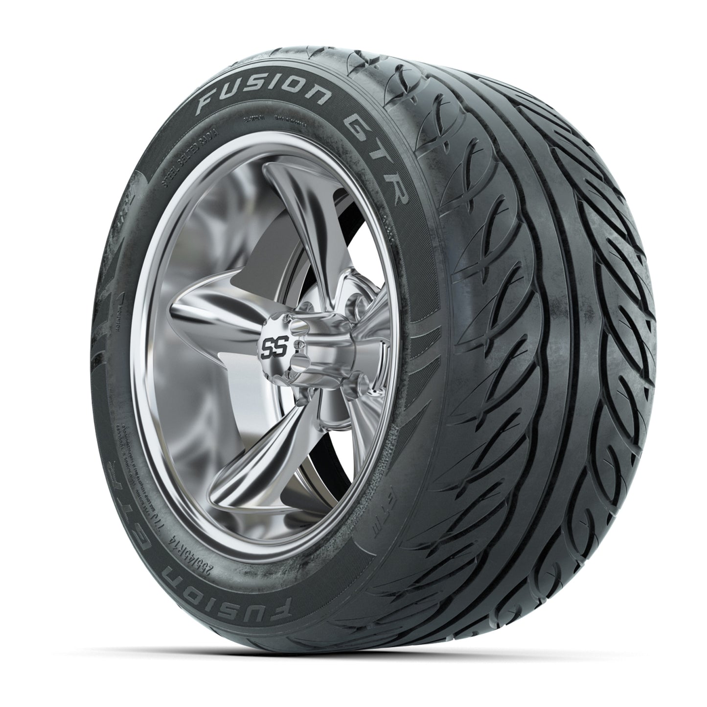 GTW® Godfather Chrome 14 in Wheels with 255/45-R14 Fusion GTR Steel Belt Radial Street Tires – Full Set