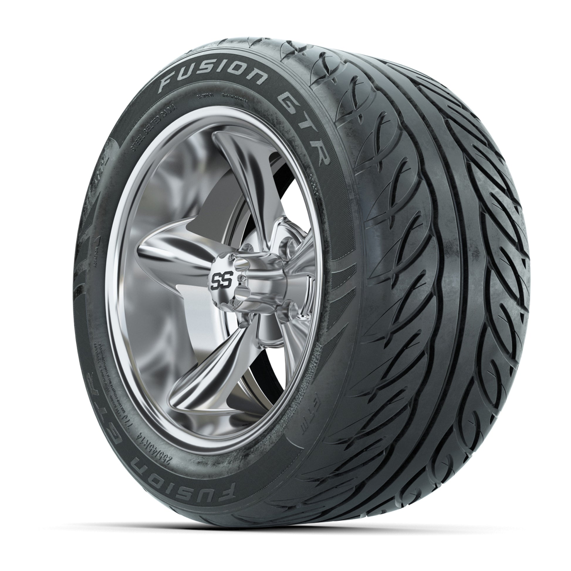 GTW® Godfather Chrome 14 in Wheels with 255/45-R14 Fusion GTR Steel Belt Radial Street Tires – Full Set