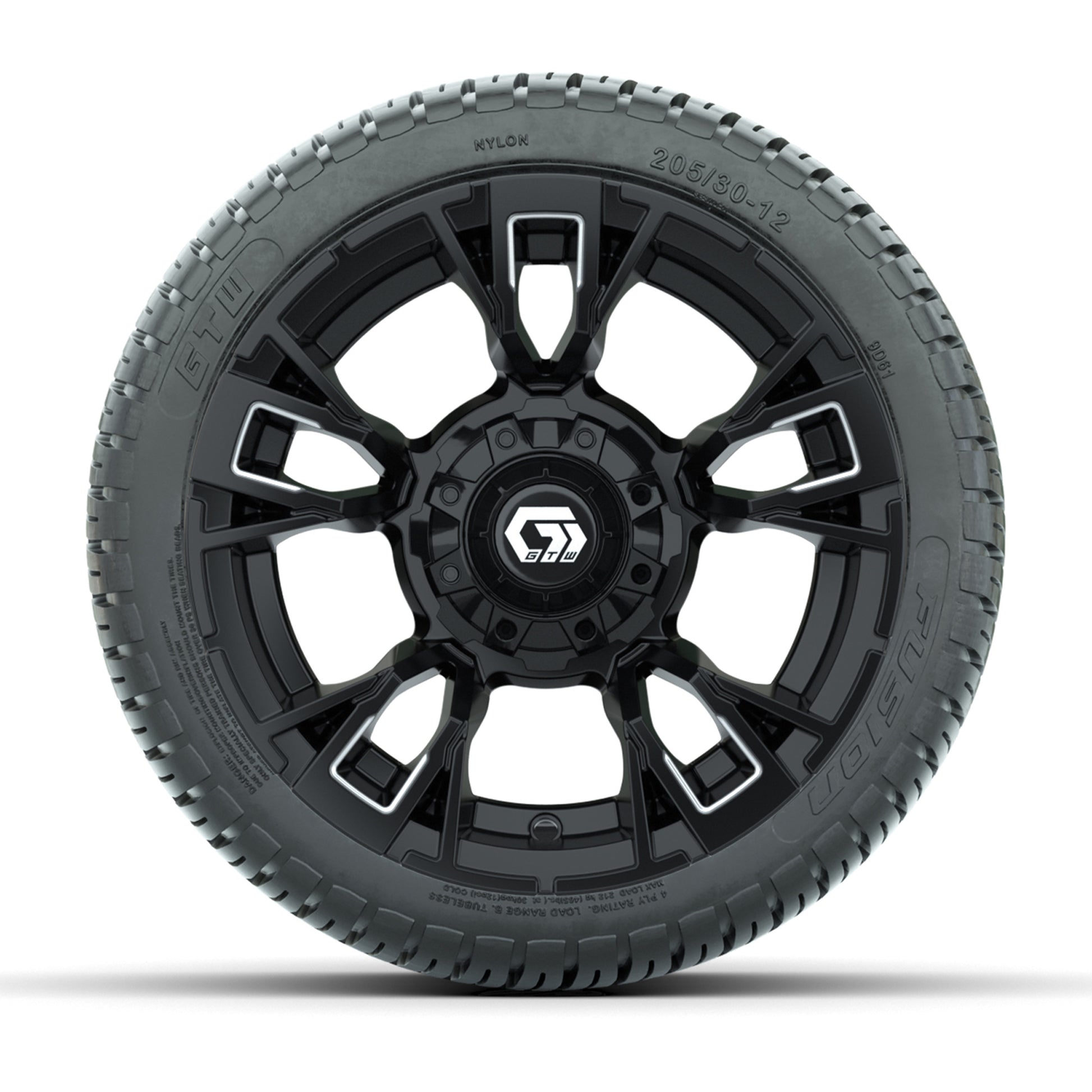 GTW® Vandal Matte Black/Machined 12 in Wheels with 205/30-12 Fusion Street Tires – Full Set