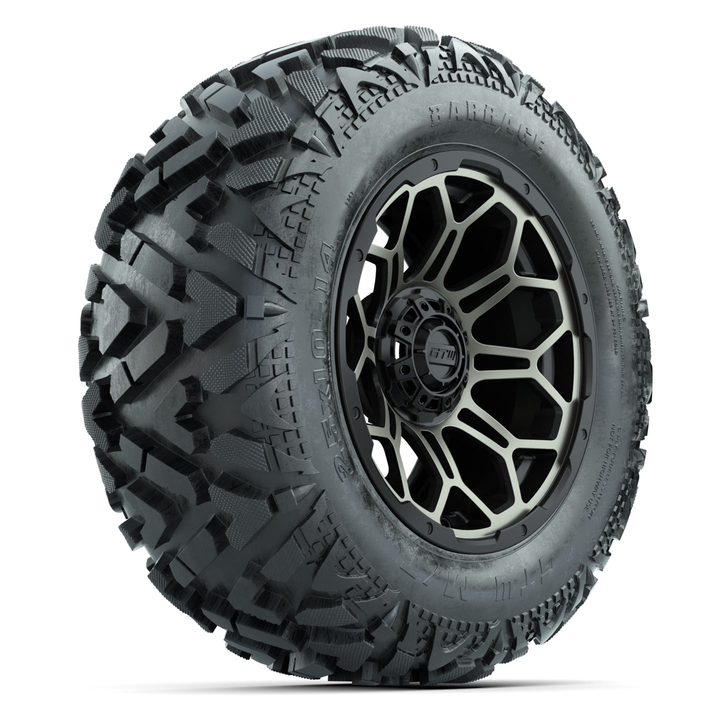 GTW Bravo Black/Bronze Tint 14 in Wheels with 25x10-14 Barrage Mud Tires – Full Set