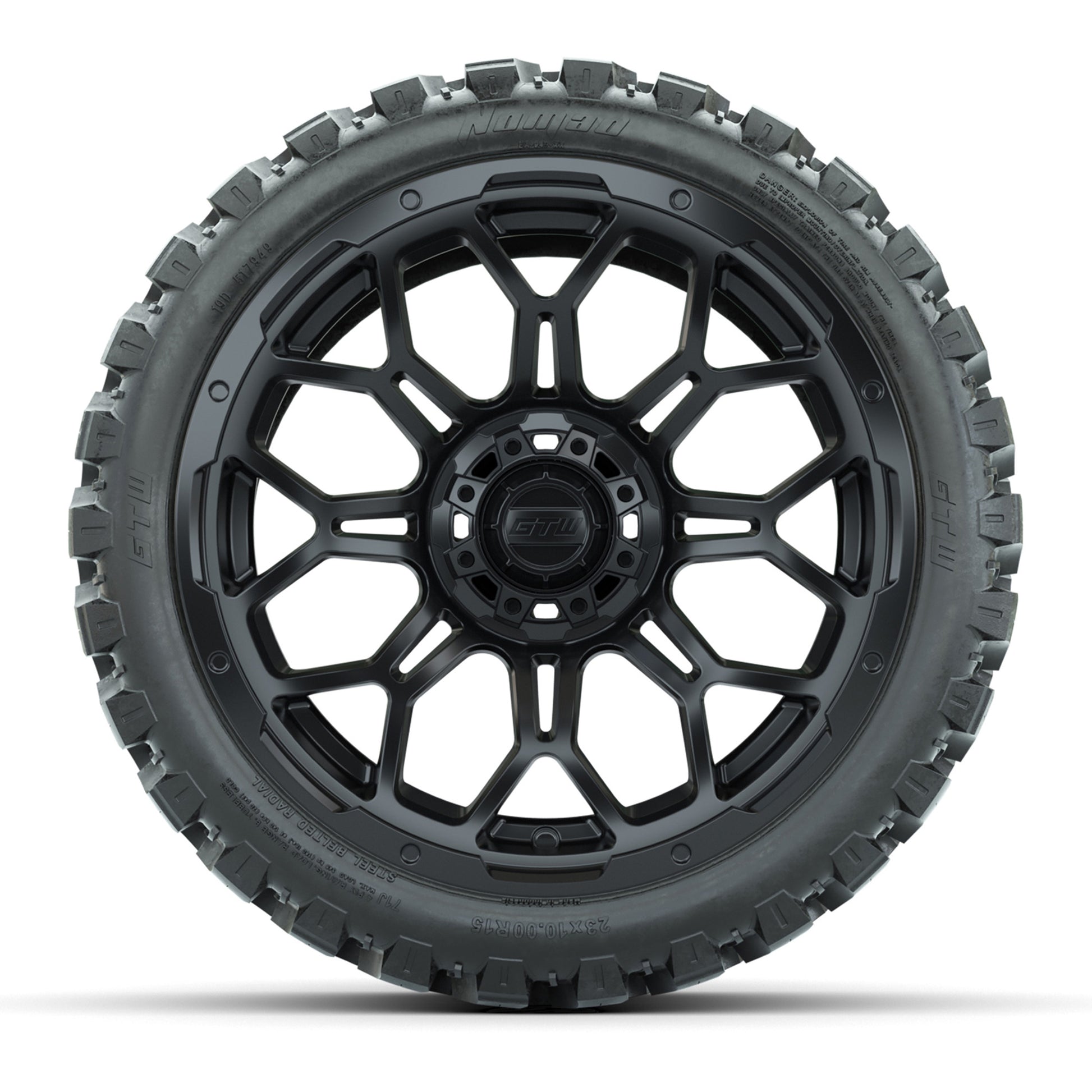 Set of (4) 15″ GTW Bravo Matte Black Wheels with 23x10-R15 Nomad All-Terrain Tires