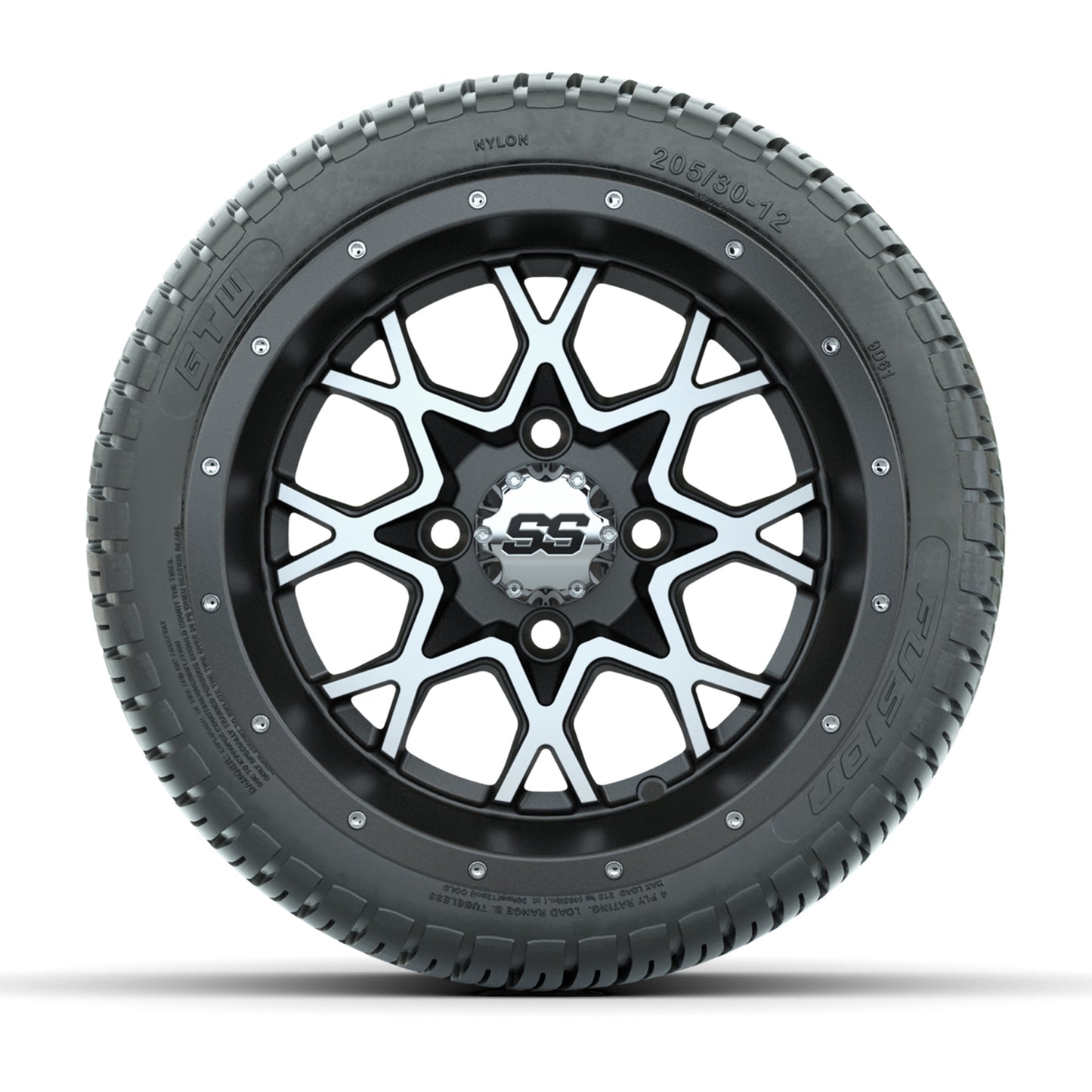Set of (4) 12 in GTW Vortex Wheels with 205/30-12 GTW Fusion Street Tires