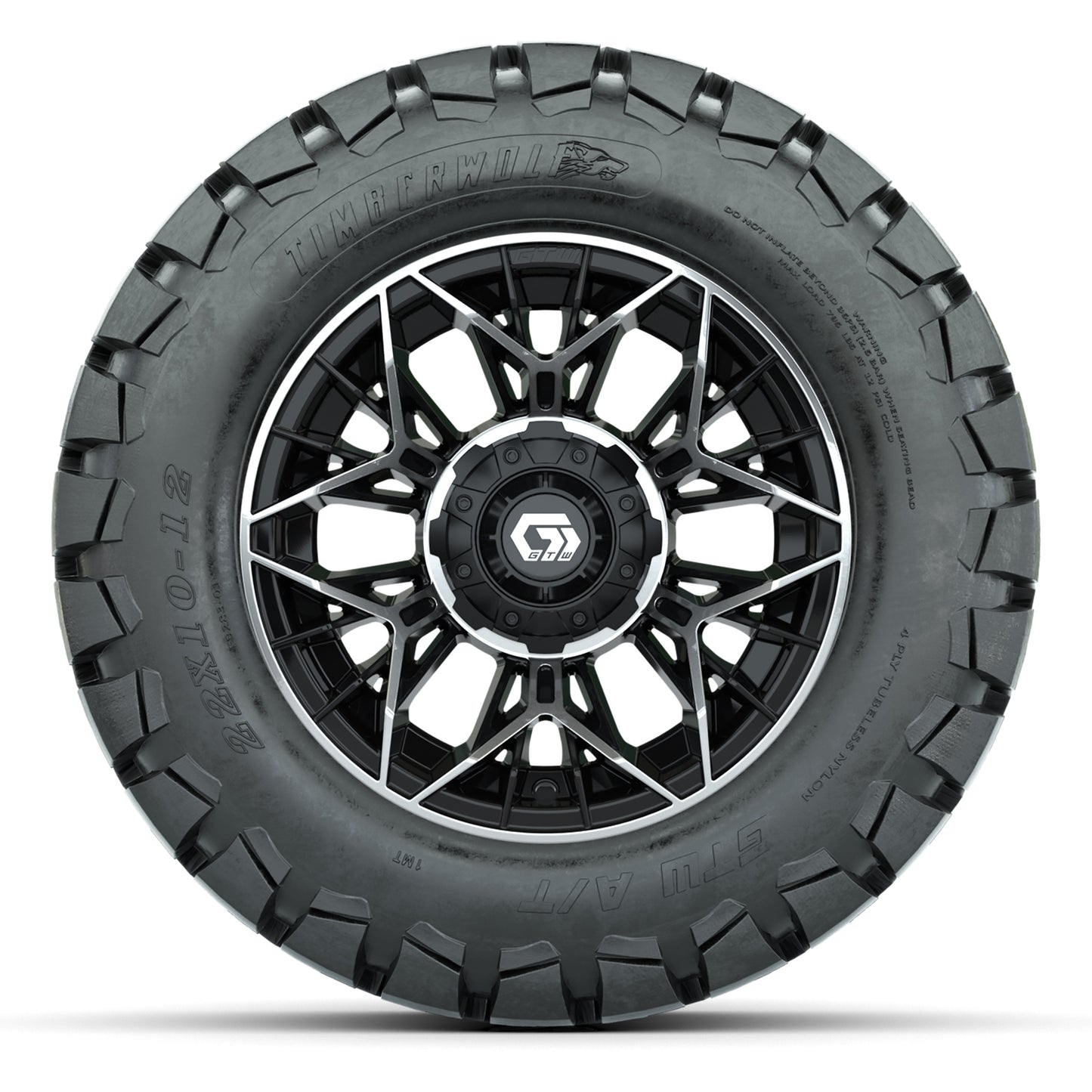 GTW® Stellar Black/Machined 12 in Wheels with 22X10-12 Timberwolf All-Terrain Tires – Full Set
