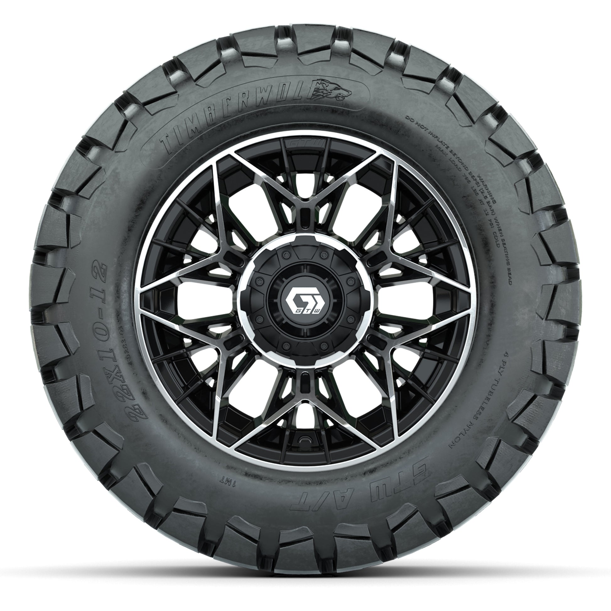 GTW® Stellar Black/Machined 12 in Wheels with 22X10-12 Timberwolf All-Terrain Tires – Full Set