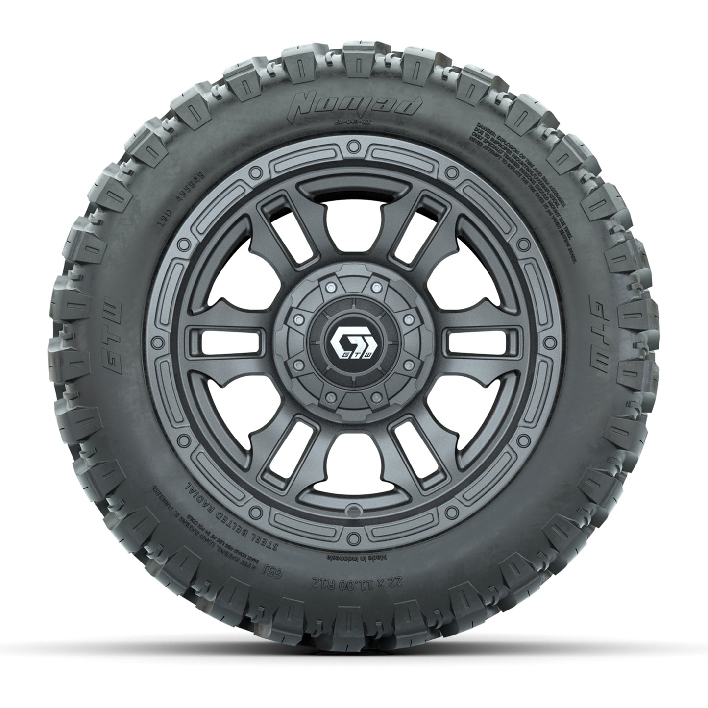 GTW® Shogun Gunmetal 12 in Wheels with 22X11-R12 Nomad Steel Belt Radial All-Terrain Tires – Full Set