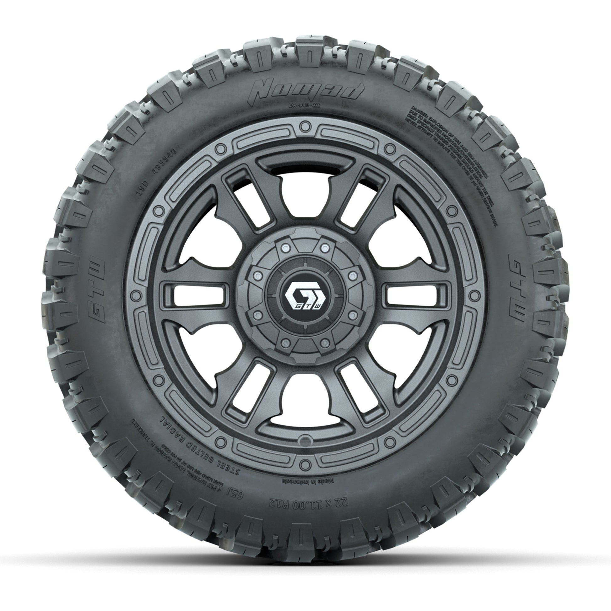 GTW® Shogun Gunmetal 12 in Wheels with 22X11-R12 Nomad Steel Belt Radial All-Terrain Tires – Full Set