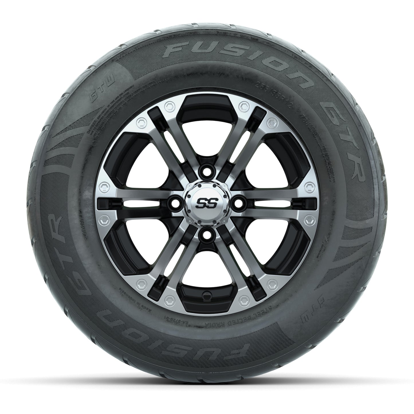 GTW® Specter Black/Machined 12 in Wheels with 255/55-R12 Fusion GTR Steel Belt Radial Street Tires – Full Set
