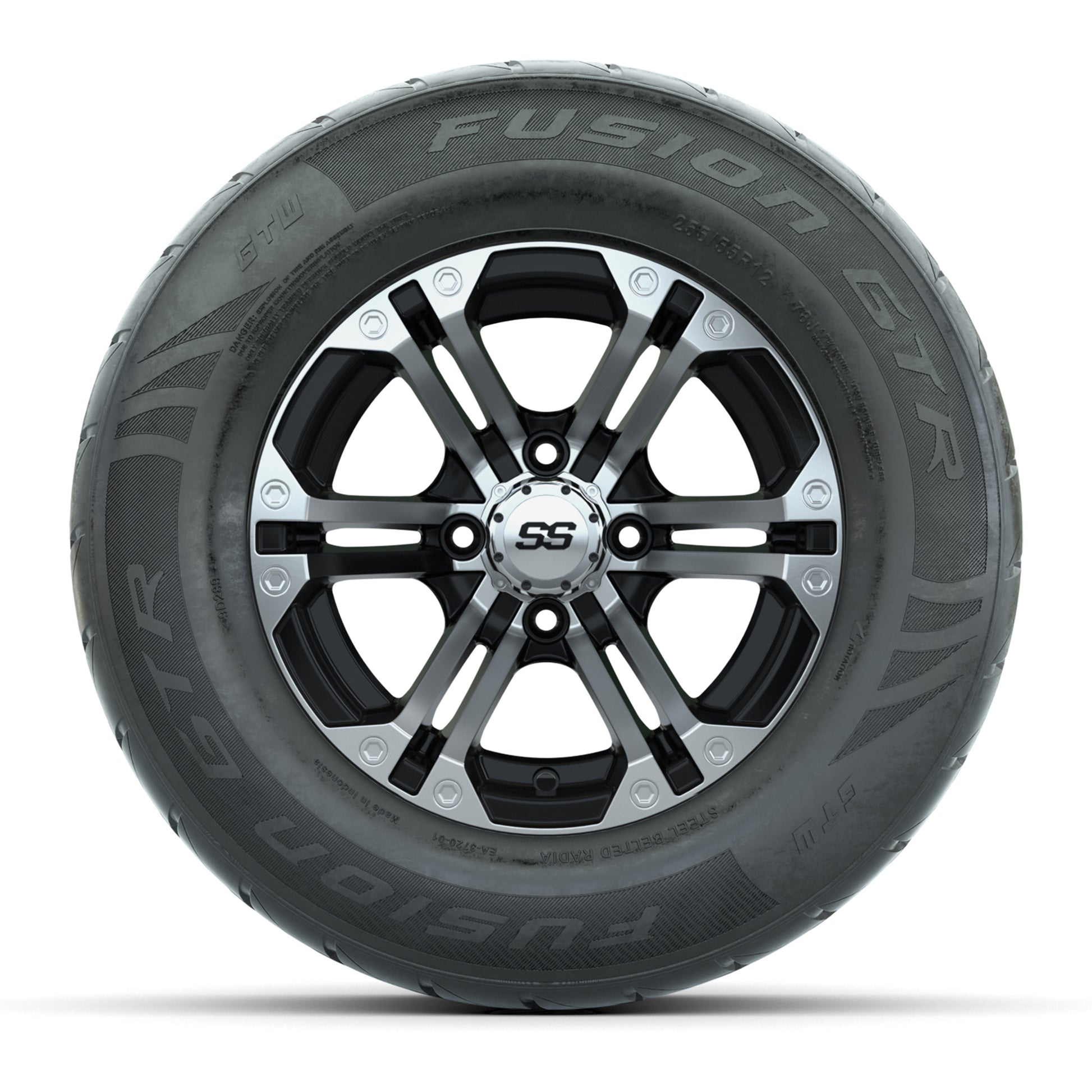 GTW® Specter Black/Machined 12 in Wheels with 255/55-R12 Fusion GTR Steel Belt Radial Street Tires – Full Set