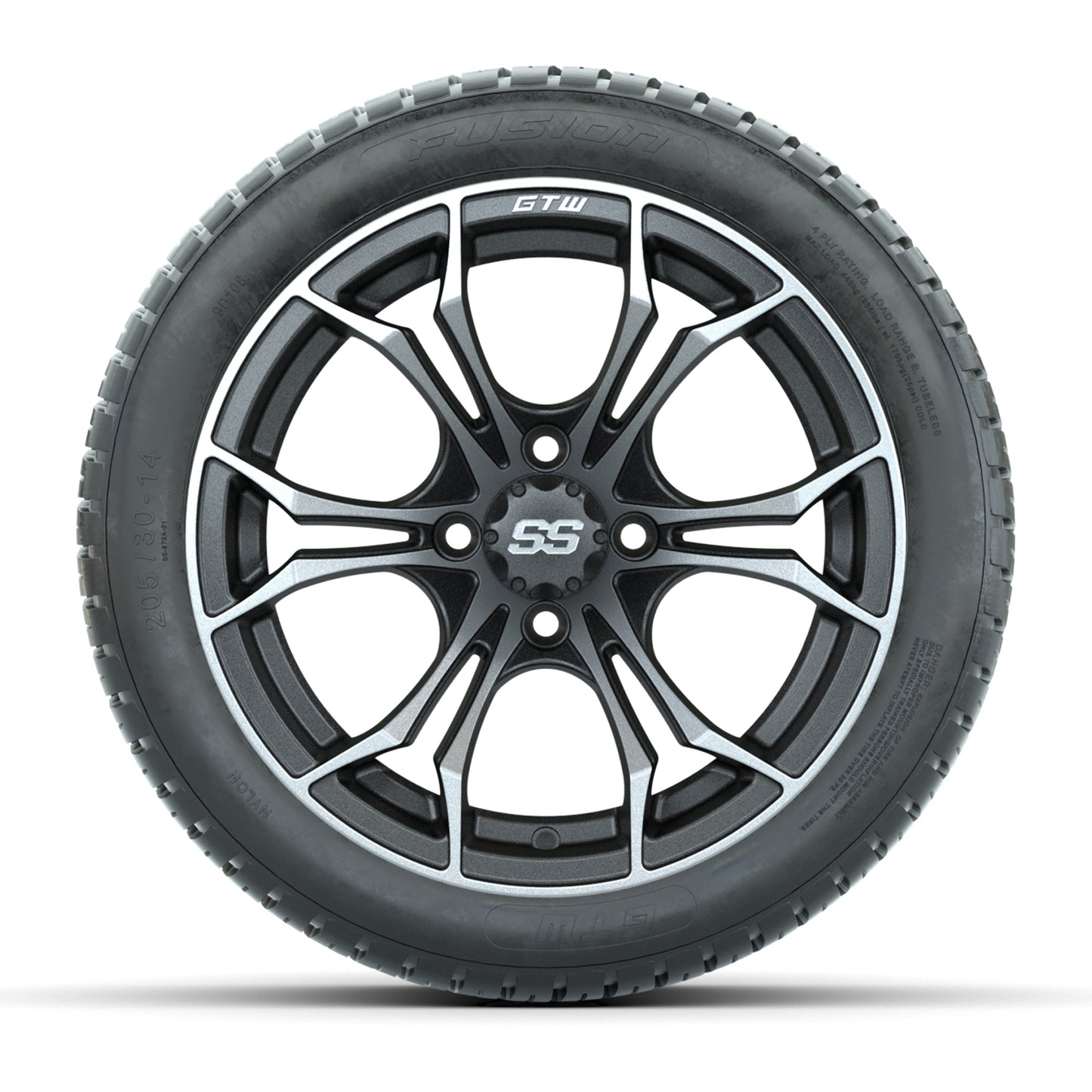 GTW® Spyder Matte Gray/Machined 14 in Wheels with 205/30-R14 Fusion Street Tires – Full Set