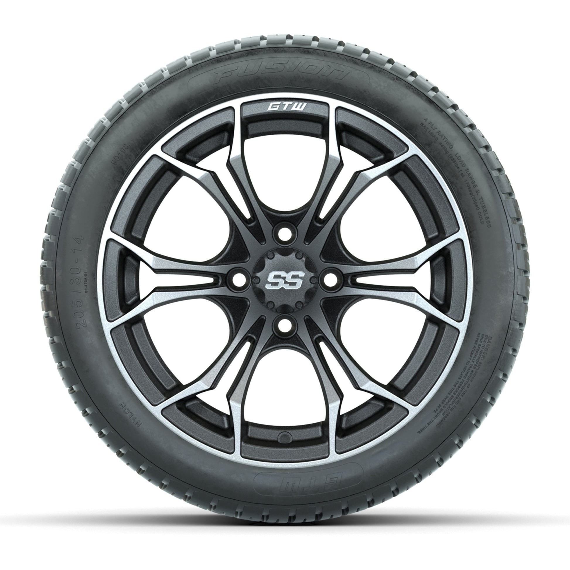 GTW® Spyder Matte Gray/Machined 14 in Wheels with 205/30-R14 Fusion Street Tires – Full Set