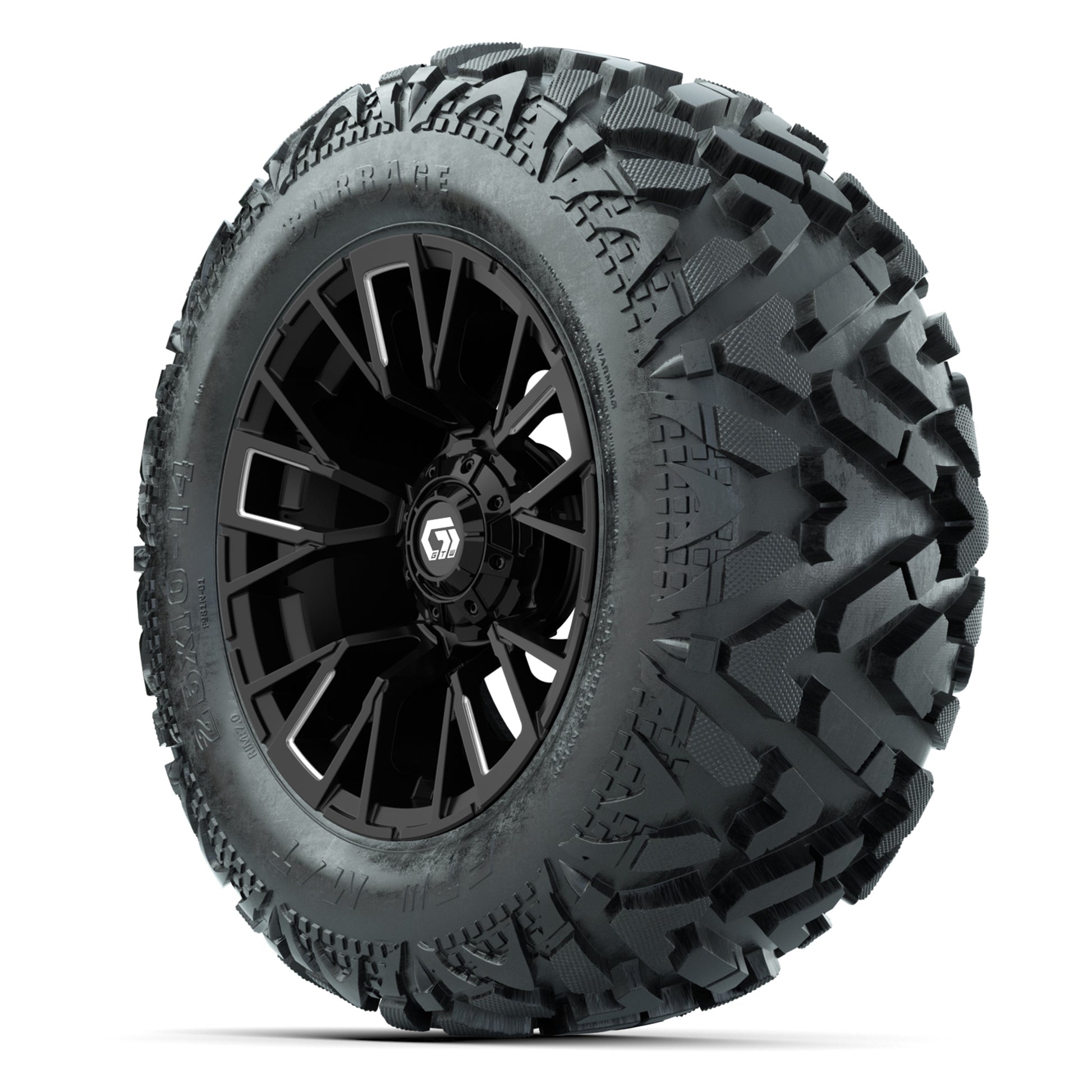 GTW Vandal Matte Black/Machined 14 in Wheels with 25x10-14 Barrage Mud Tires – Full Set