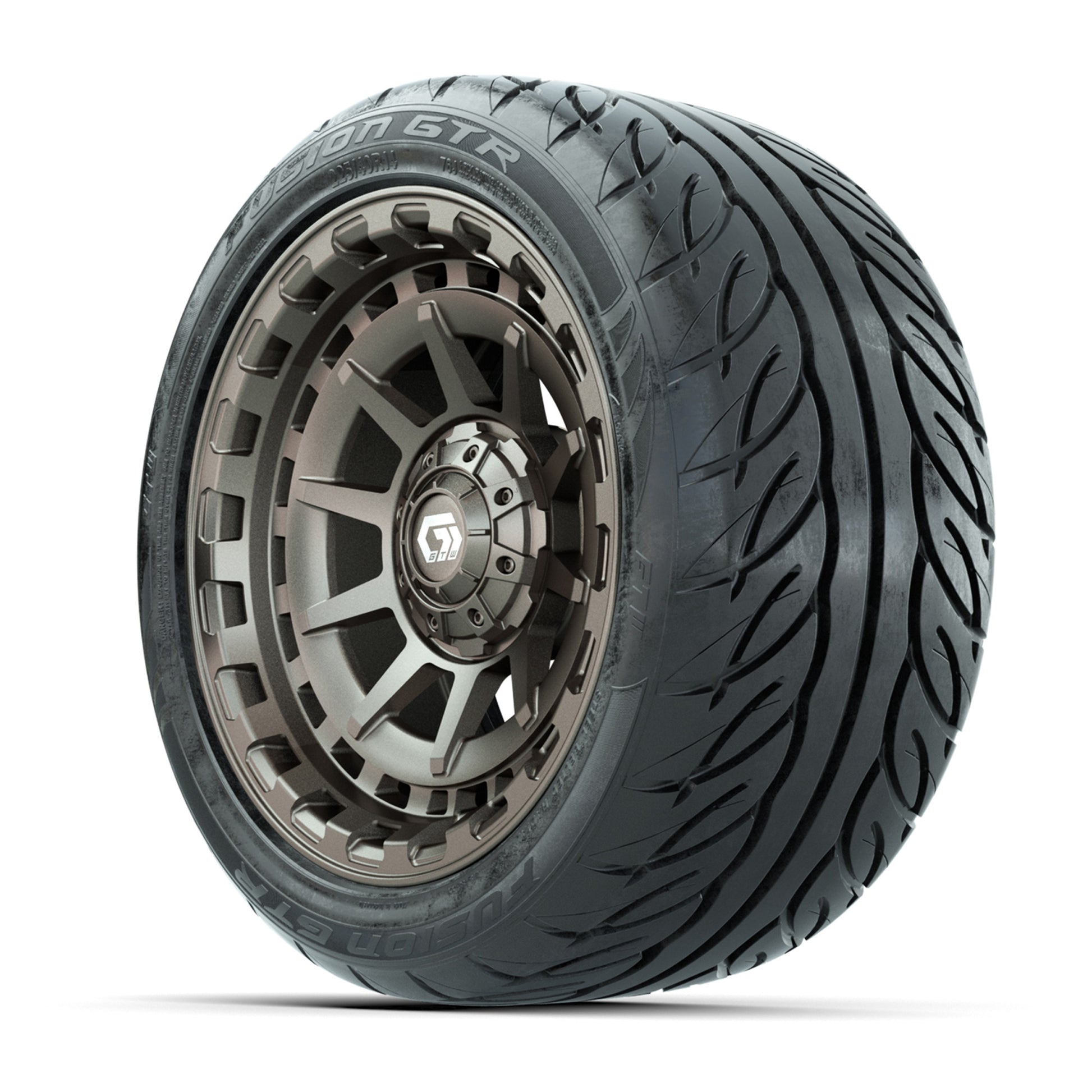 GTW® Barricade Bronze 14 in Wheels with 225/40-R14 Fusion GTR Steel Belt Radial Street Tires – Full Set