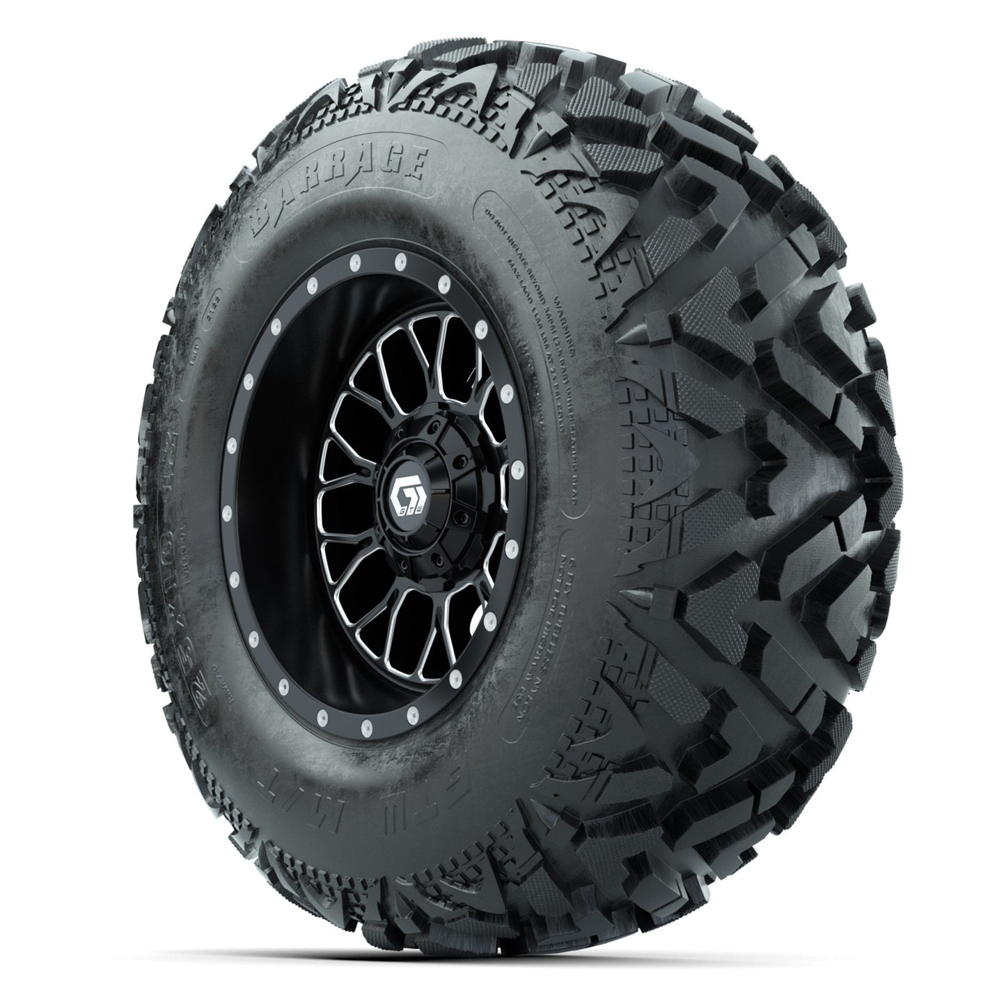 GTW® Helix Black/Machined 12 in Wheels with 25X10-12 Barrage Mud Tires – Full Set