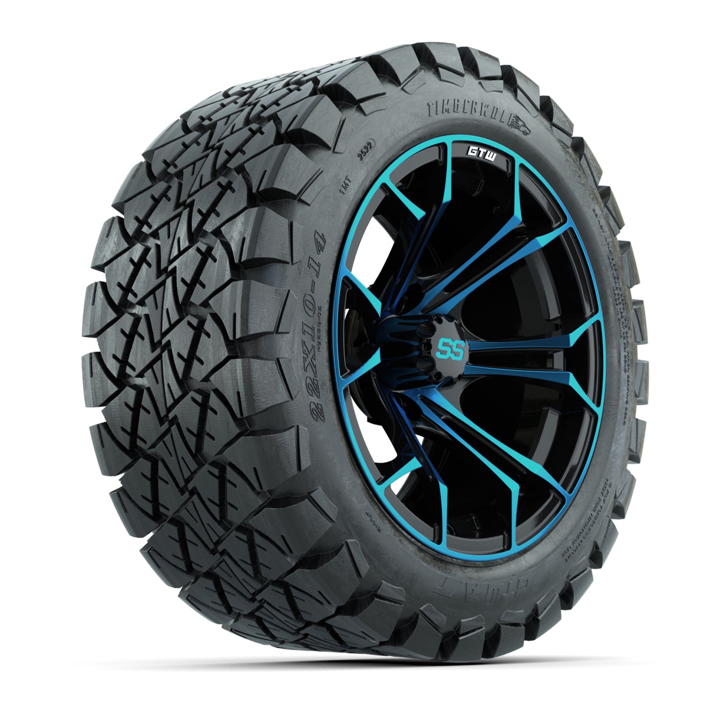 GTW Spyder Blue/Black 14 in Wheels with 22x10-14 GTW Timberwolf All-Terrain Tires – Full Set