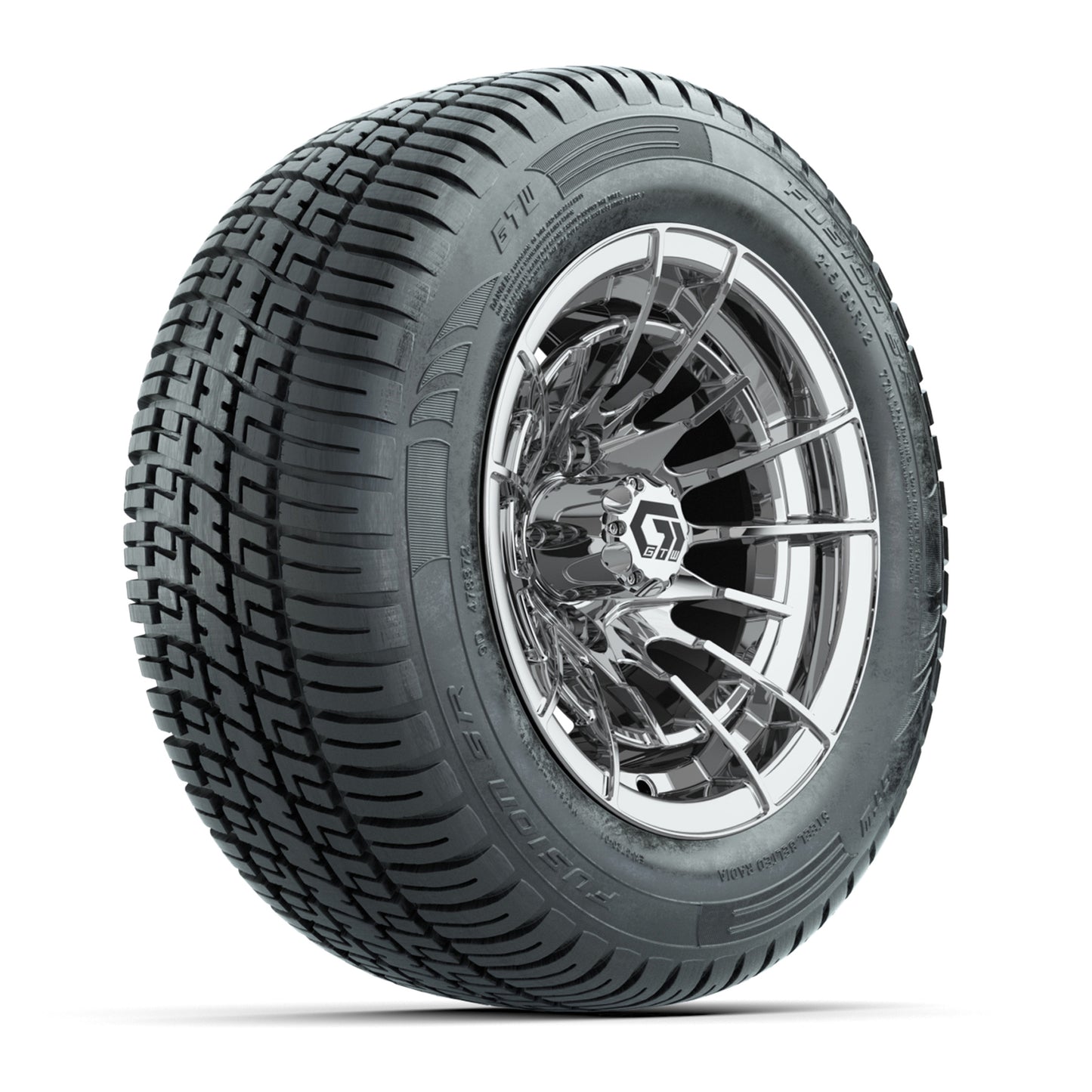 GTW® Boost Chrome 12 in Wheels with 215/50-R12 Fusion S/R Steel Belt Radial Tires – Full Set