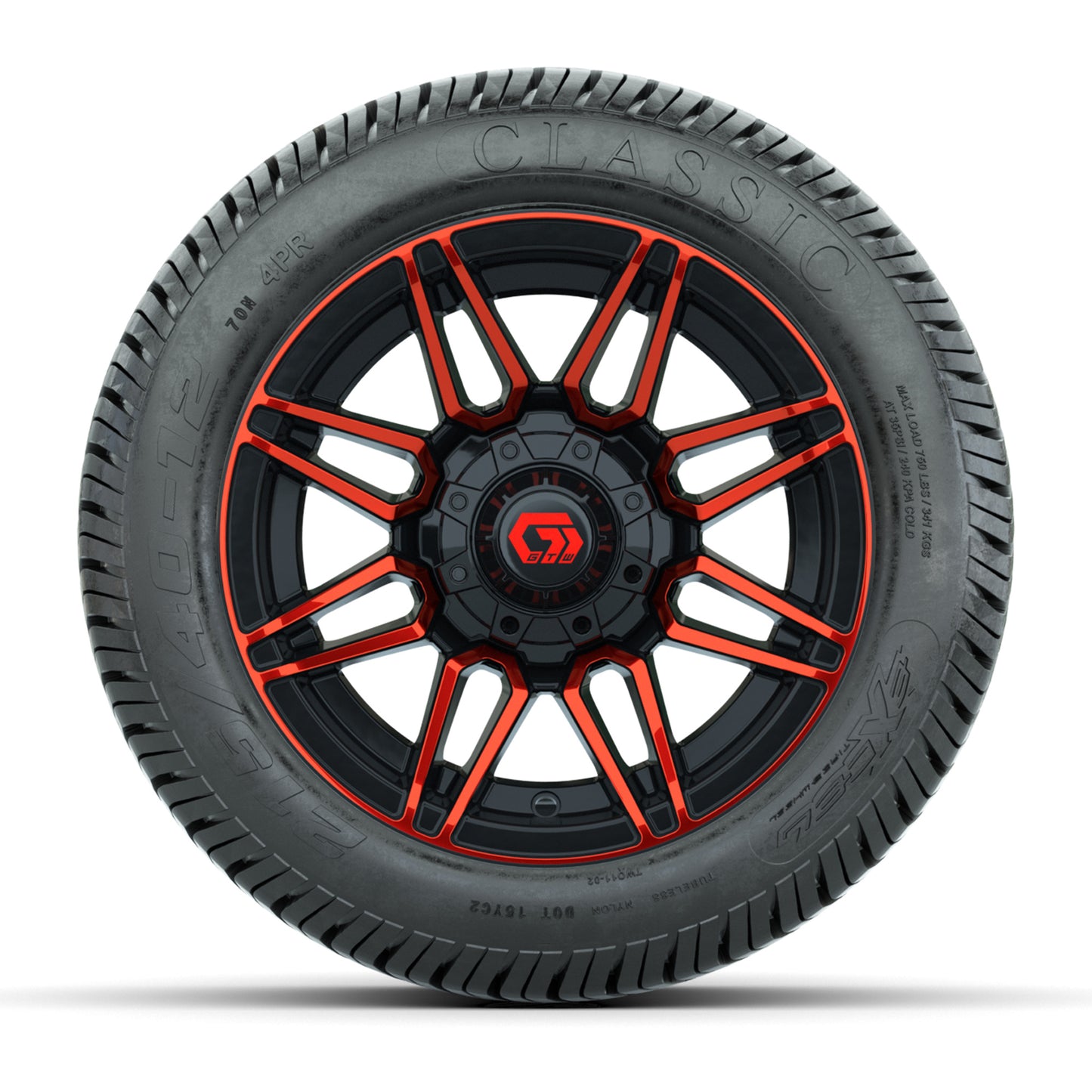 GTW® Stealth Red/Machined 12 in Wheels with 215/40-12 Excel Classic Street Tires – Full Set