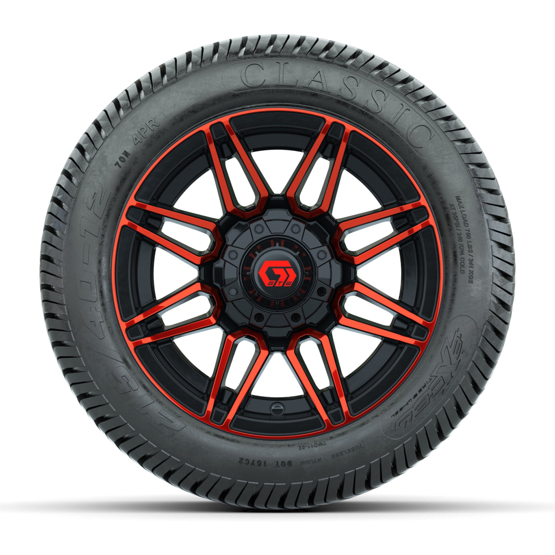 GTW® Stealth Red/Machined 12 in Wheels with 215/40-12 Excel Classic Street Tires – Full Set