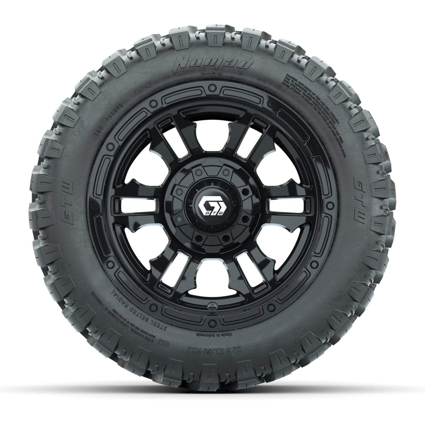 GTW® Shogun Gloss Black 12 in Wheels with 22X11-R12 Nomad Steel Belt Radial All-Terrain Tires – Full Set