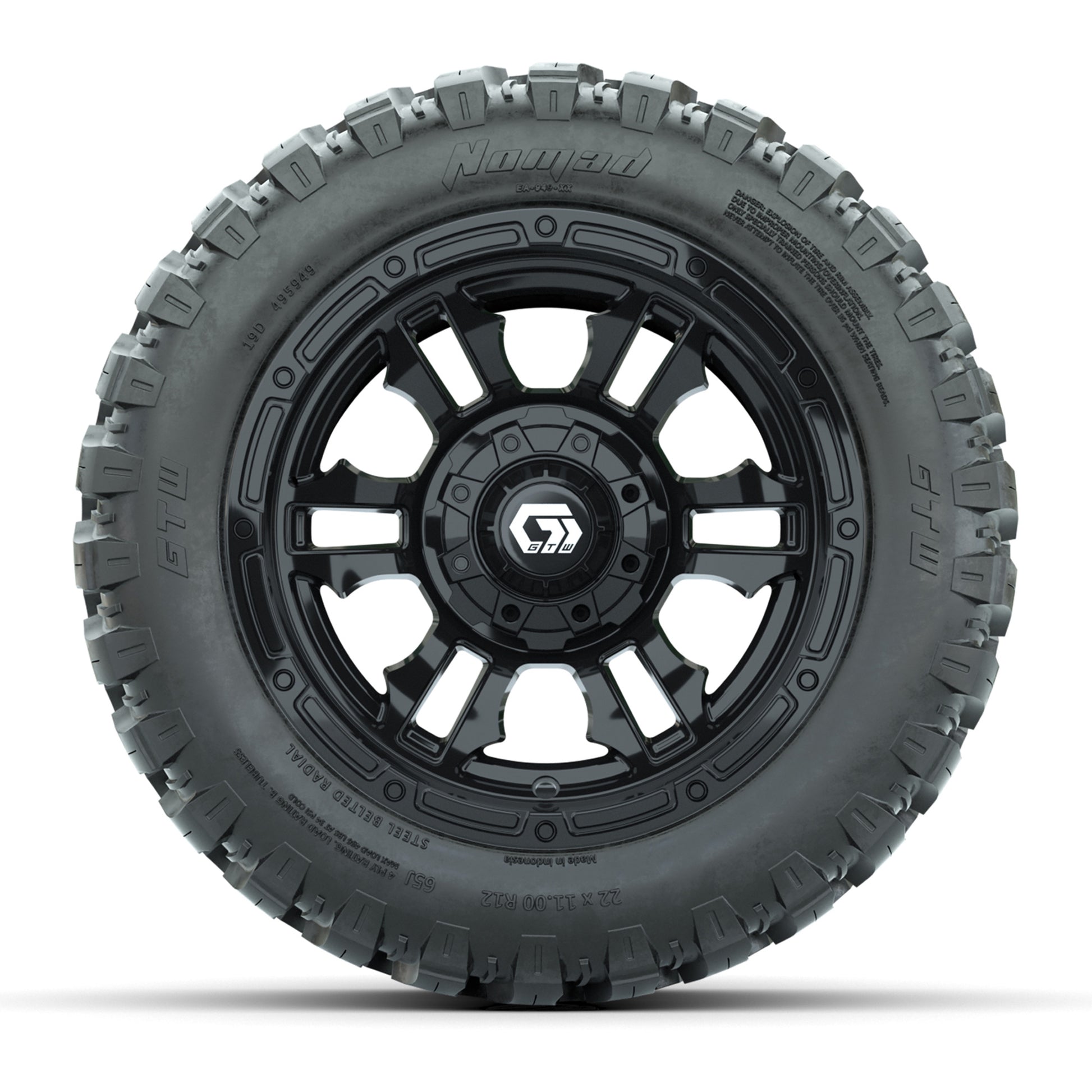GTW® Shogun Gloss Black 12 in Wheels with 22X11-R12 Nomad Steel Belt Radial All-Terrain Tires – Full Set