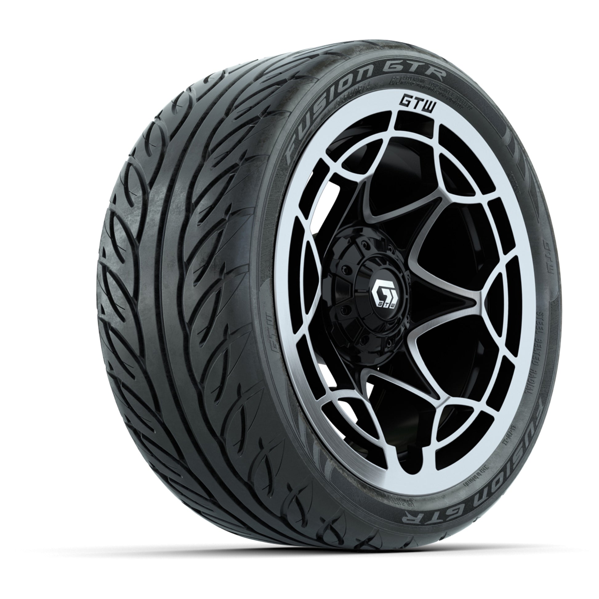 GTW® Nexus Gloss Black/Silver 14 in Wheels with 205/40-R14 Fusion GTR Steel Belted Street Tires – Full Set
