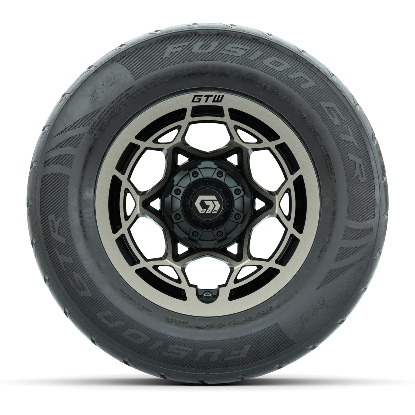 GTW® Nexus Black with Bronze Face 12 in Wheels with 255/55-R12 Fusion GTR Steel Belt Radial Street Tires – Full Set