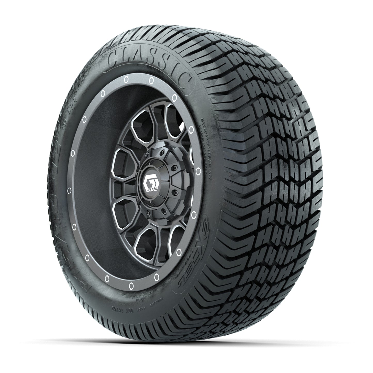 GTW® Volt Gunmetal 12 in Wheels with 215/40-12 Excel Classic Street Tires – Full Set