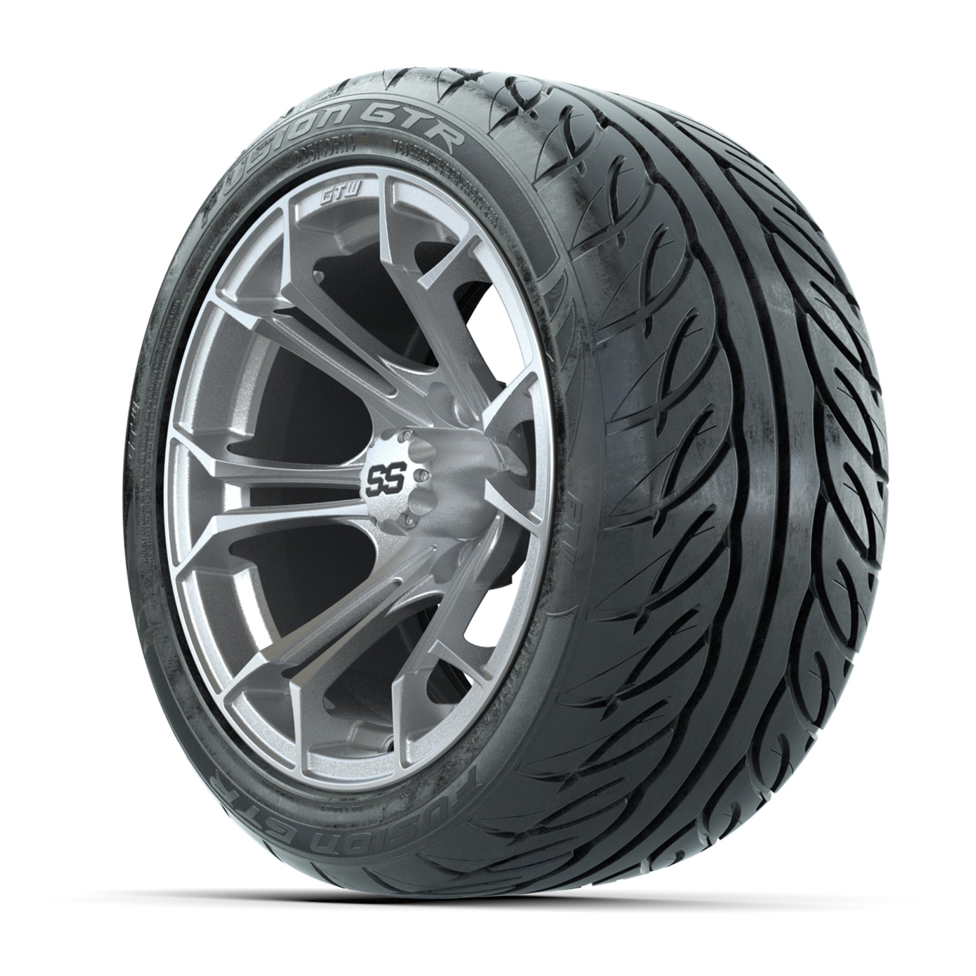 GTW® Spyder Silver Brush 14 in Wheels with 225/40-R14 Fusion GTR Steel Belt Radial Street Tires – Full Set