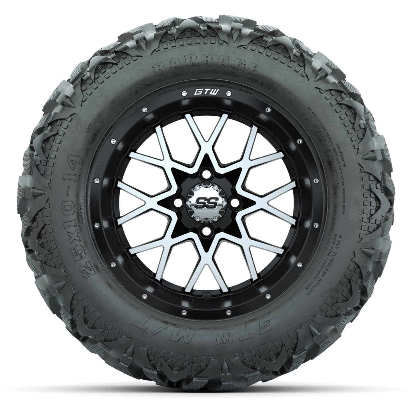 GTW Vortex Matte Black/Machined 14 in Wheels with 25x10-14 Barrage Mud Tires – Full Set