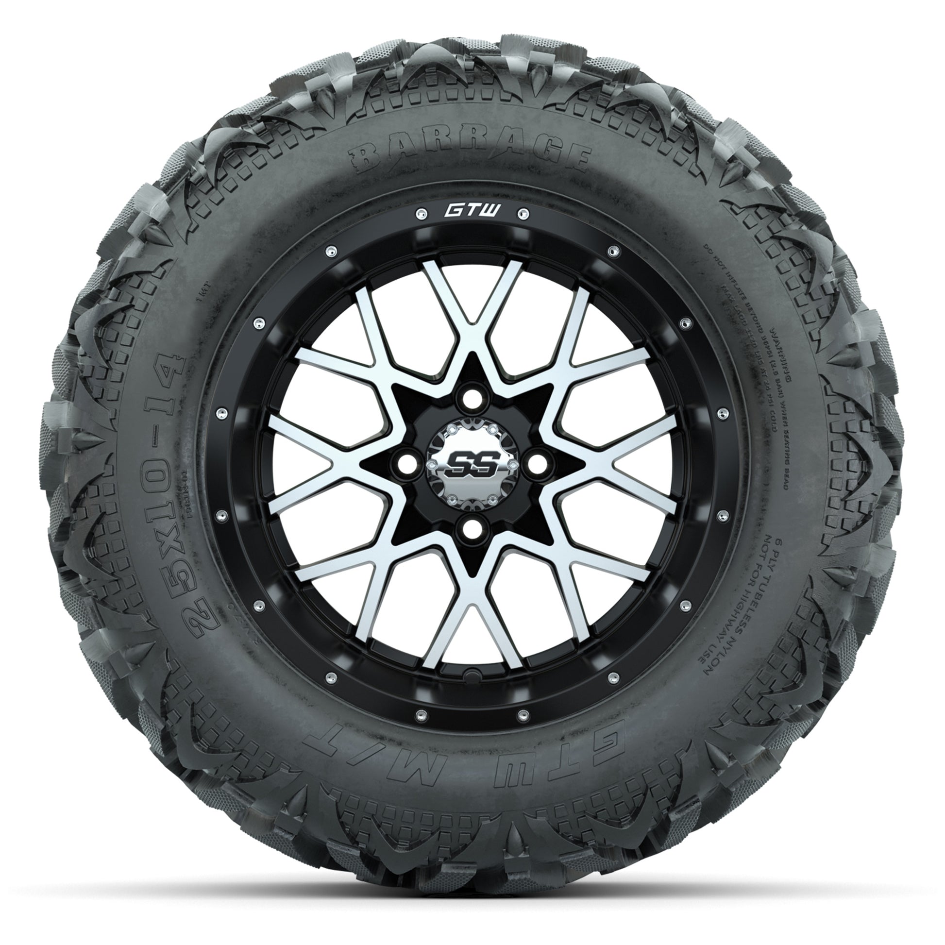 GTW Vortex Matte Black/Machined 14 in Wheels with 25x10-14 Barrage Mud Tires – Full Set