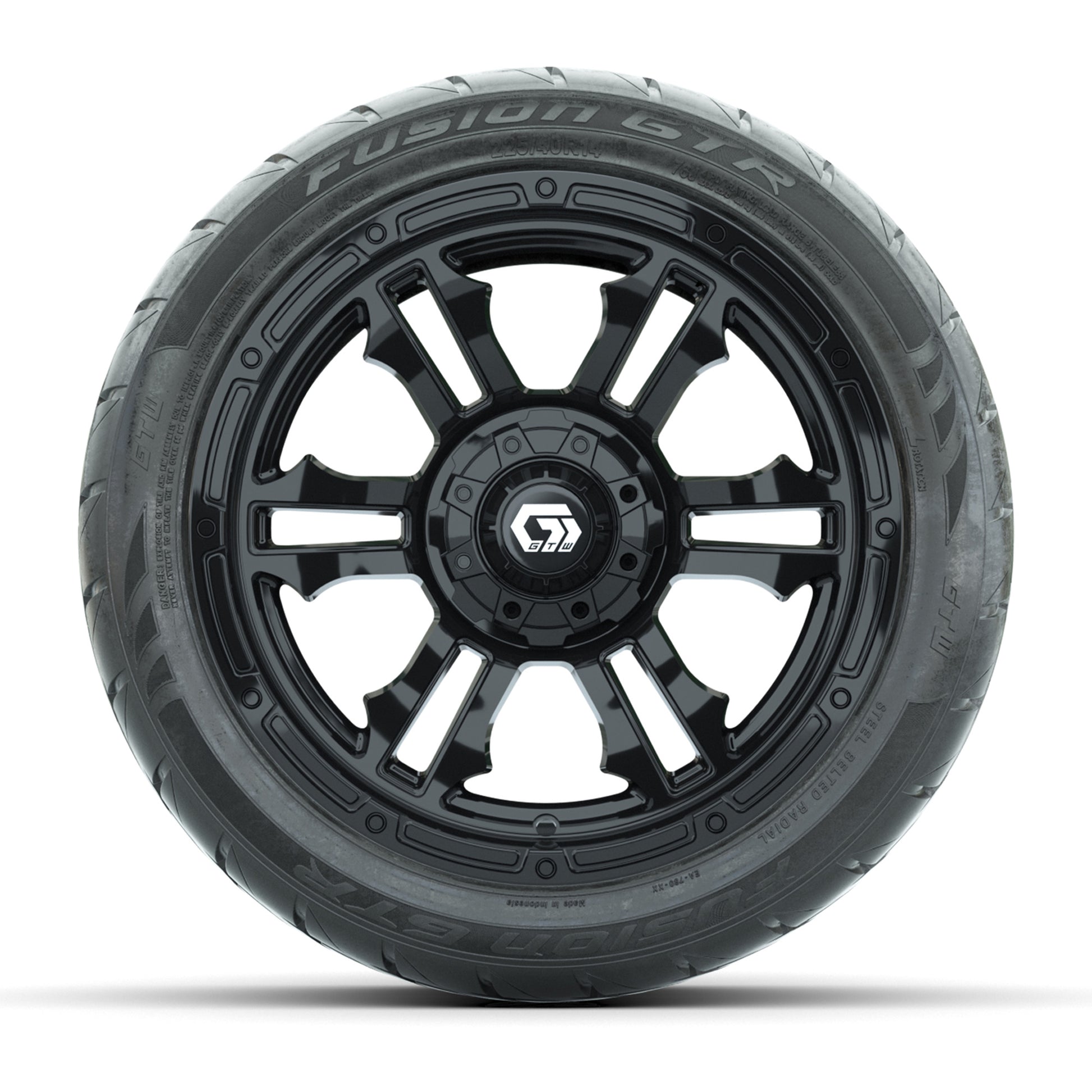 GTW® Shogun Gloss Black 14 in Wheels with 225/40-R14 Fusion GTR Steel Belt Radial Street Tires – Full Set