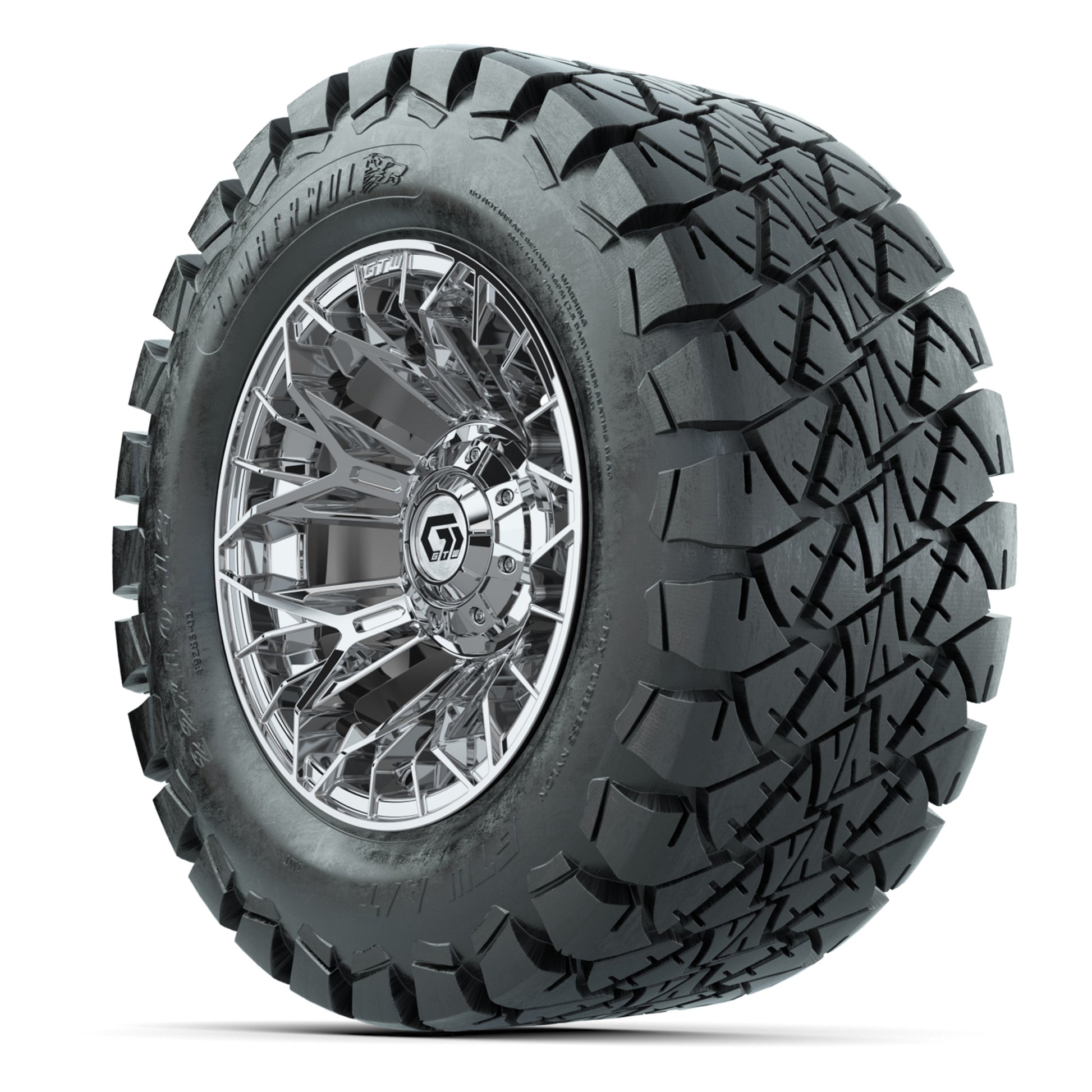 GTW® Stellar Chrome 12 in Wheels with 22X10-12 Timberwolf All-Terrain Tires – Full Set