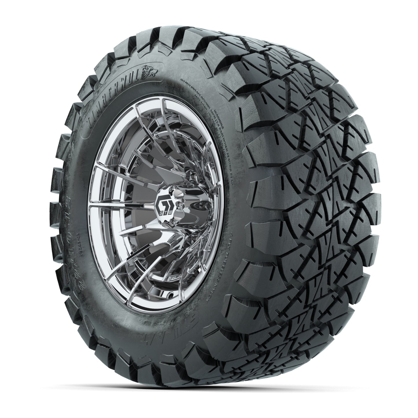 GTW® Boost Chrome 12 in Wheels with 22x10-12 Timberwolf All-Terrain Tires – Full Set