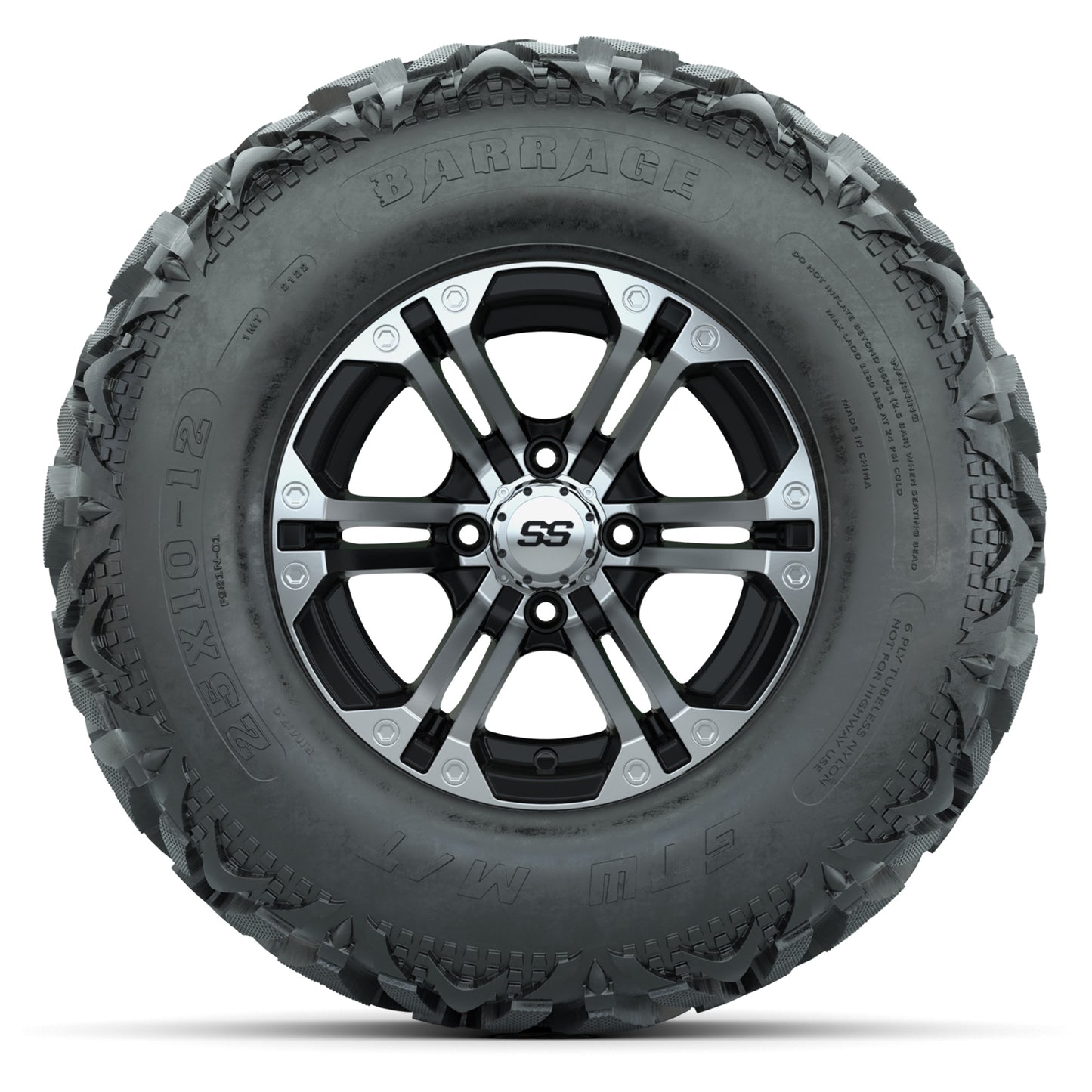 GTW® Specter Black/Machined 12 in Wheels with 25X10-12 Barrage Mud Tires – Full Set
