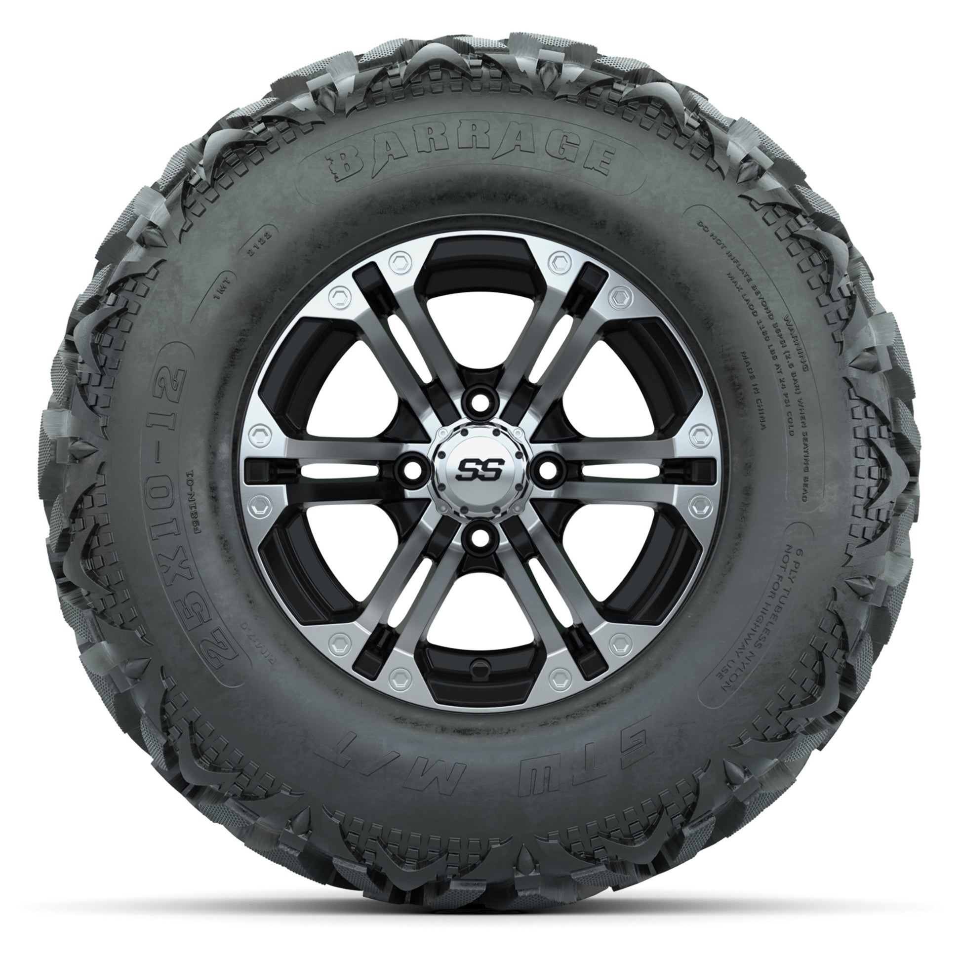 GTW® Specter Black/Machined 12 in Wheels with 25X10-12 Barrage Mud Tires – Full Set
