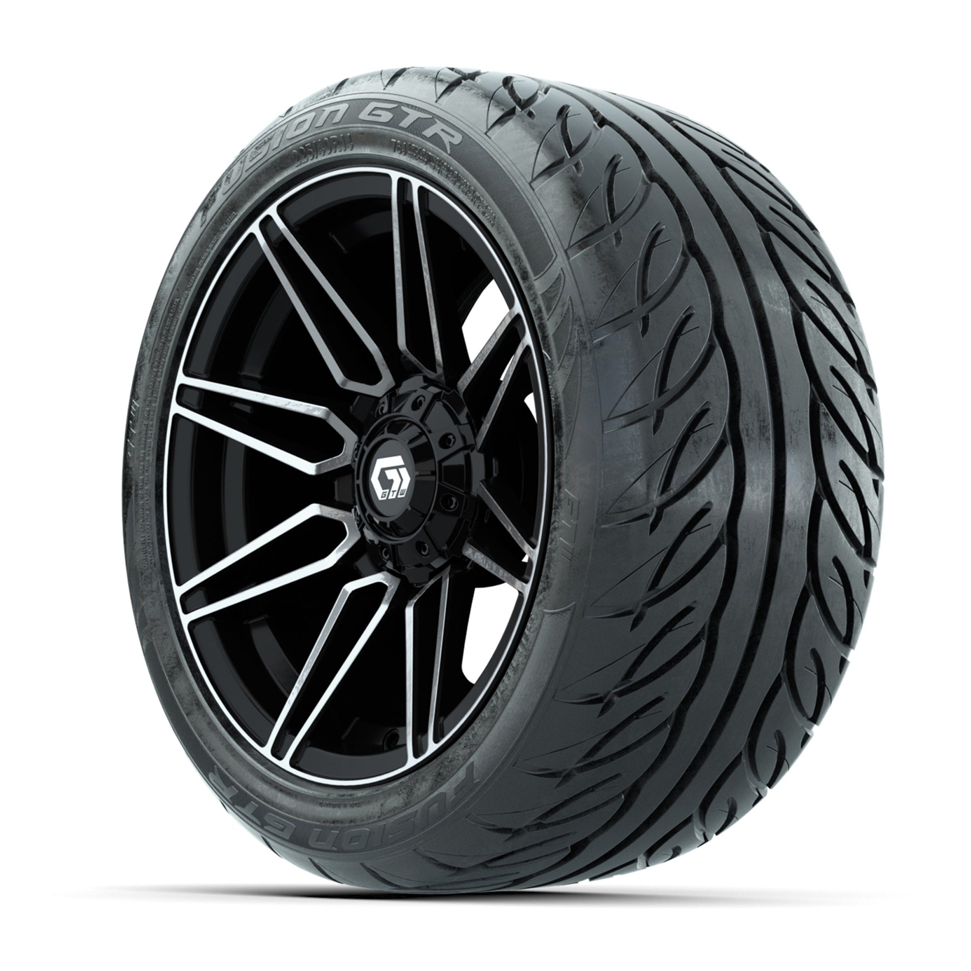 GTW® Stealth Black/Machined 14 in Wheels with 225/40-R14 Fusion GTR Steel Belt Radial Street Tires – Full Set