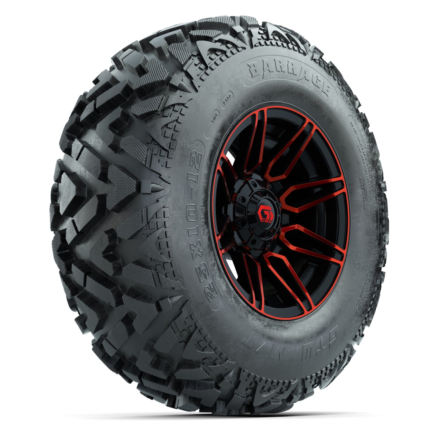 GTW® Stealth Red/Machined 12 in Wheels with 25X10-12 Barrage Mud Tires – Full Set