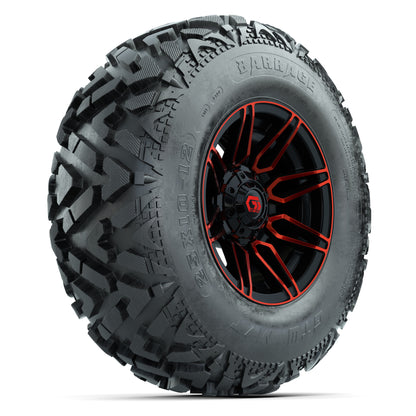 GTW® Stealth Red/Machined 12 in Wheels with 25X10-12 Barrage Mud Tires – Full Set