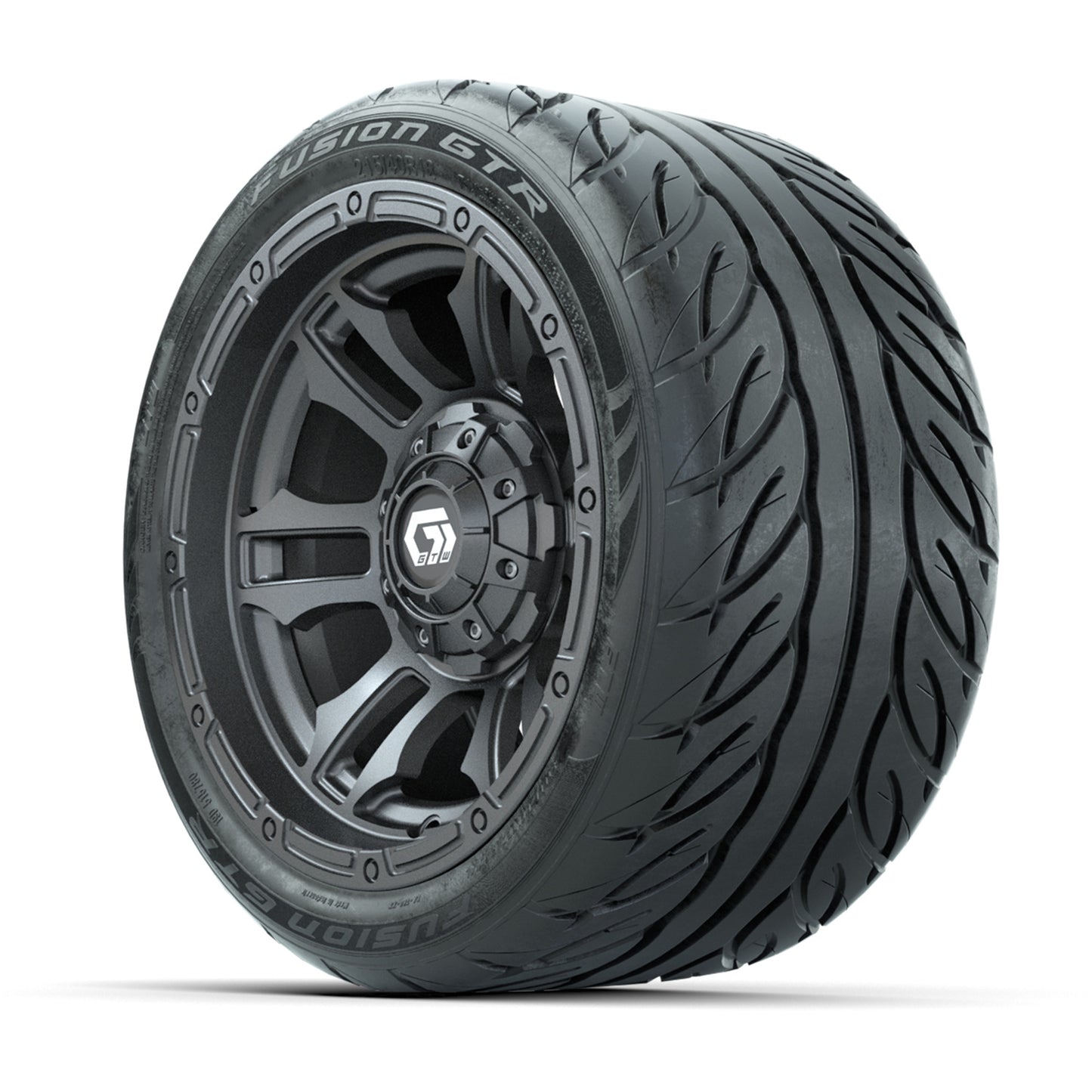 GTW® Shogun Gunmetal 12 in Wheels with 215/40-R12 Fusion GTR Steel Belt Radial Street Tires – Full Set