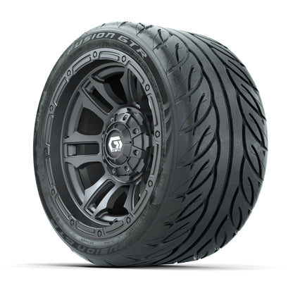 GTW® Shogun Gunmetal 12 in Wheels with 215/40-R12 Fusion GTR Steel Belt Radial Street Tires – Full Set