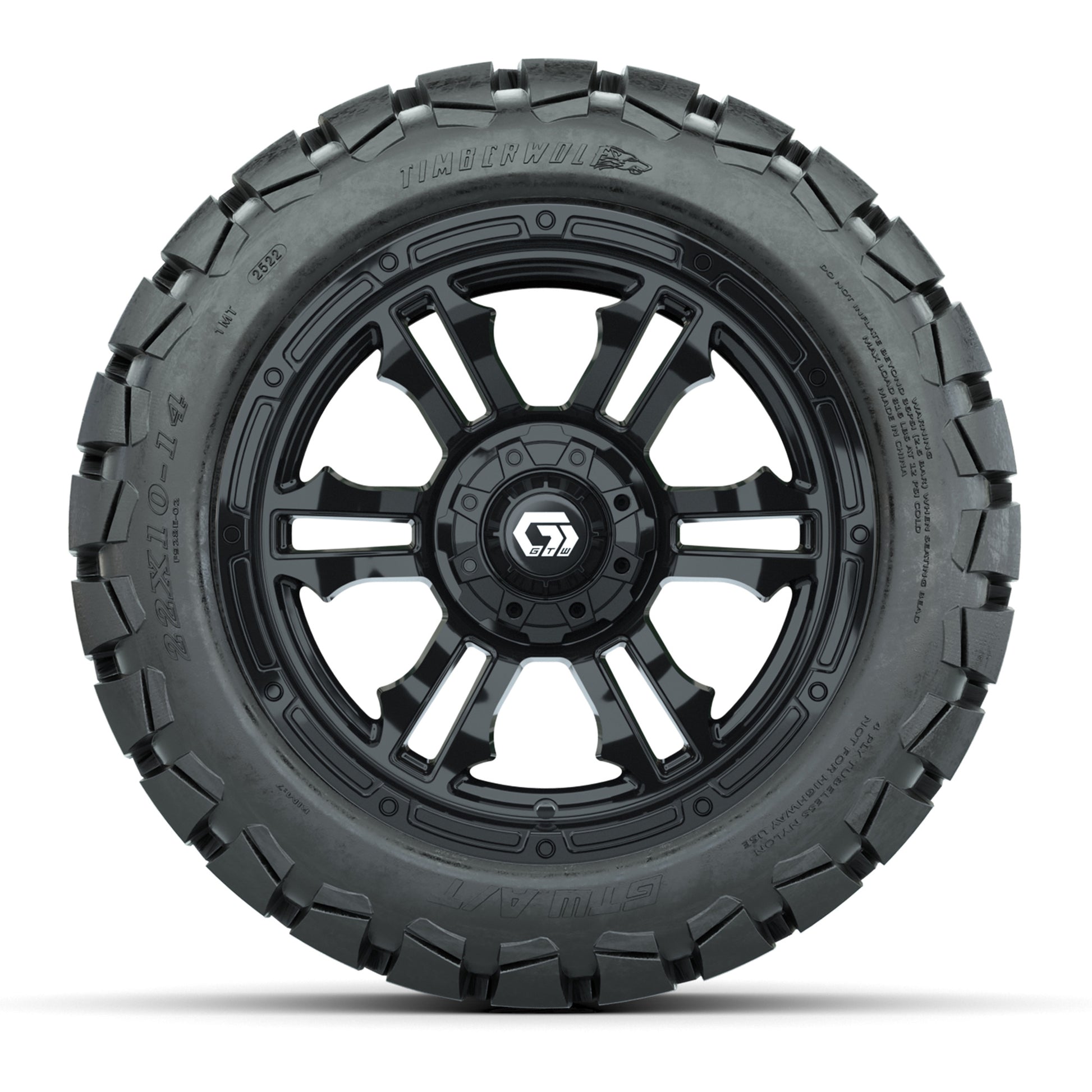 GTW® Shogun Gloss Black 14 in Wheels with 22x10-14 Timberwolf All-Terrain Tires – Full Set
