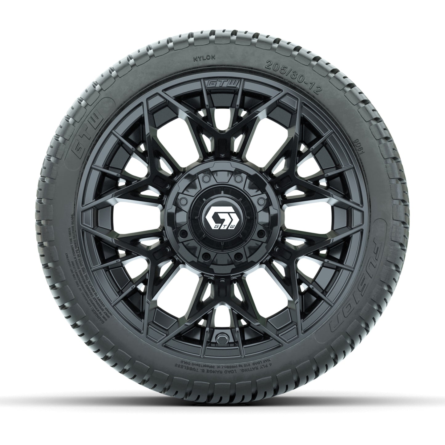 GTW® Stellar Black 12 in Wheels with 205/30-12 Fusion Street Tires - Full Set