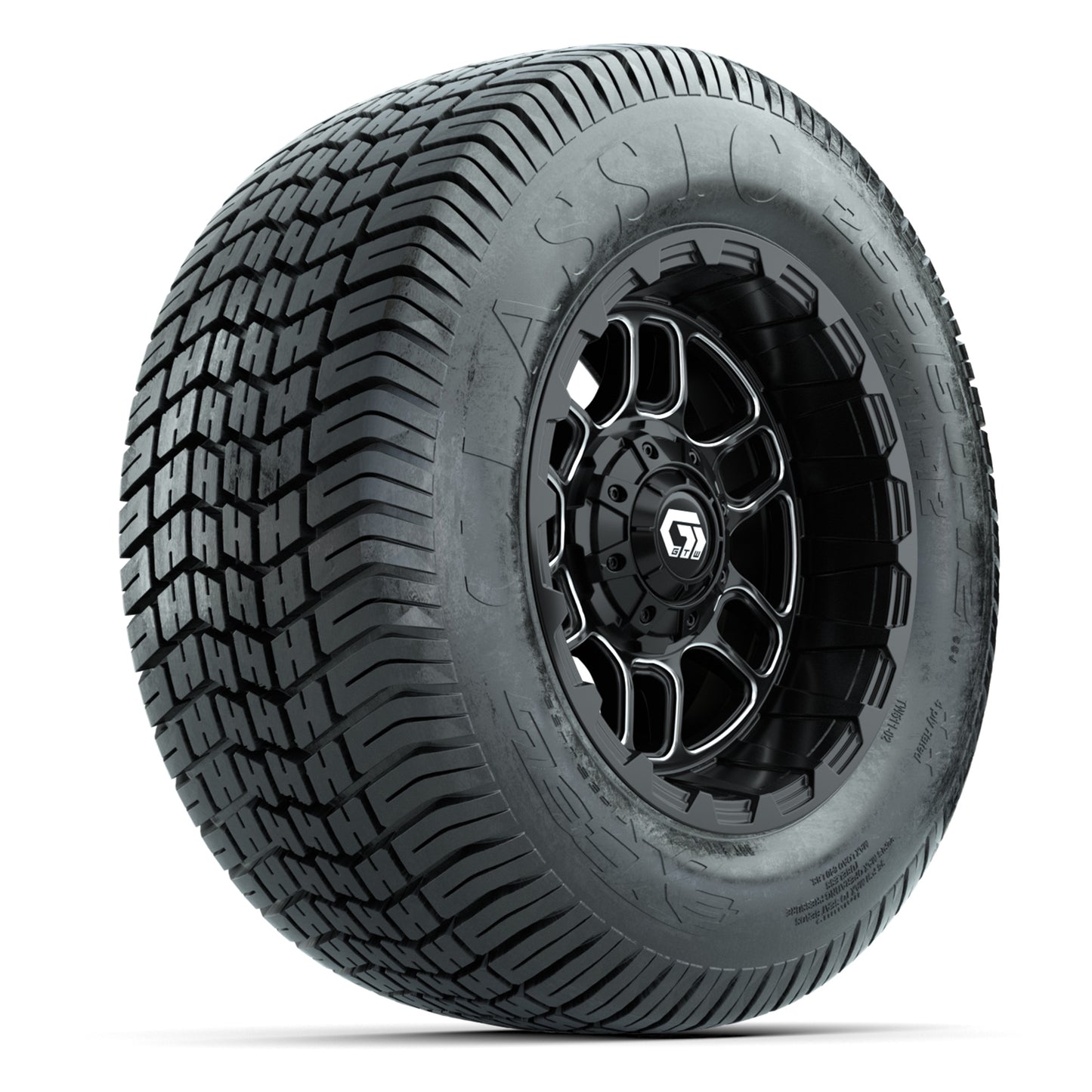 GTW® Titan Black/Machined 12 in Wheels with 255/50-12 Excel Classic Street Tires – Full Set