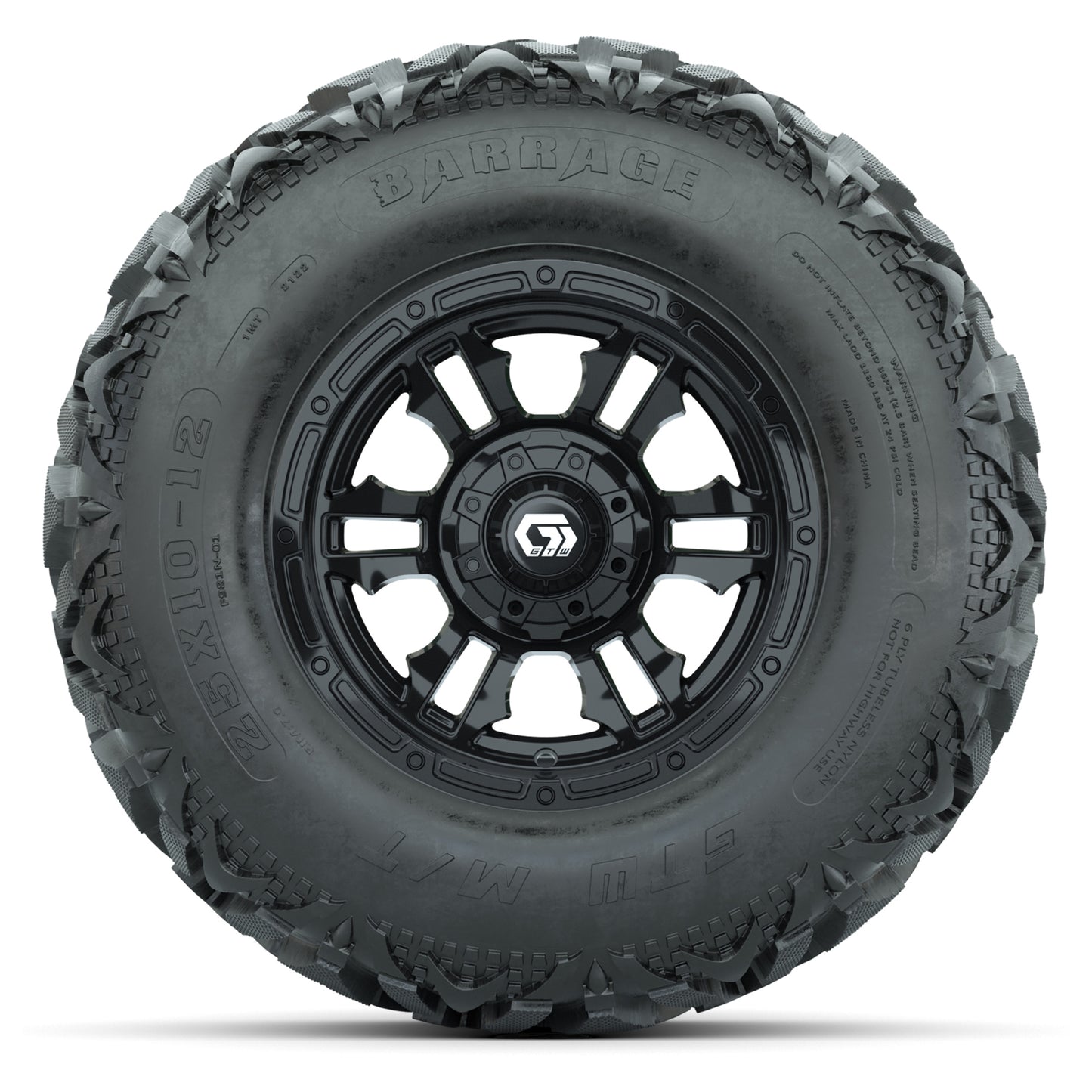 GTW® Shogun Gloss Black 12 in Wheels with 25X10-12 Barrage Mud Tires – Full Set