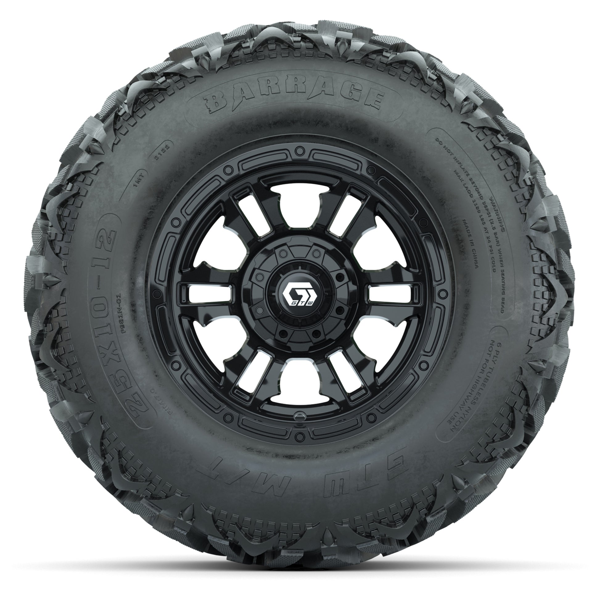 GTW® Shogun Gloss Black 12 in Wheels with 25X10-12 Barrage Mud Tires – Full Set