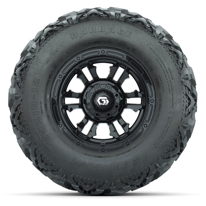 GTW® Shogun Gloss Black 12 in Wheels with 25X10-12 Barrage Mud Tires – Full Set