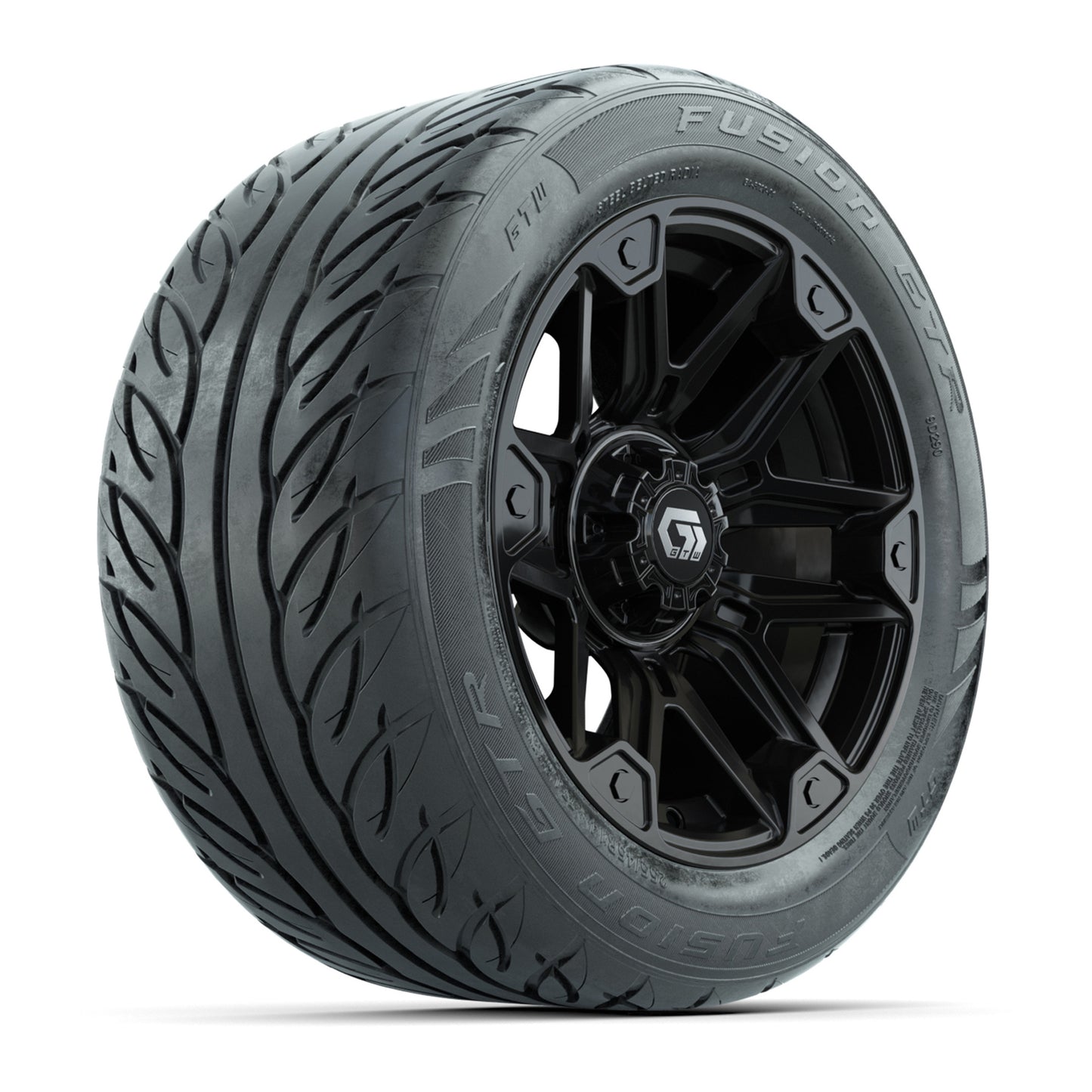 GTW® Graffiti Gloss Black 14 in Wheels with 255/45-R14 Fusion GTR Steel Belt Radial Street Tires – Full Set