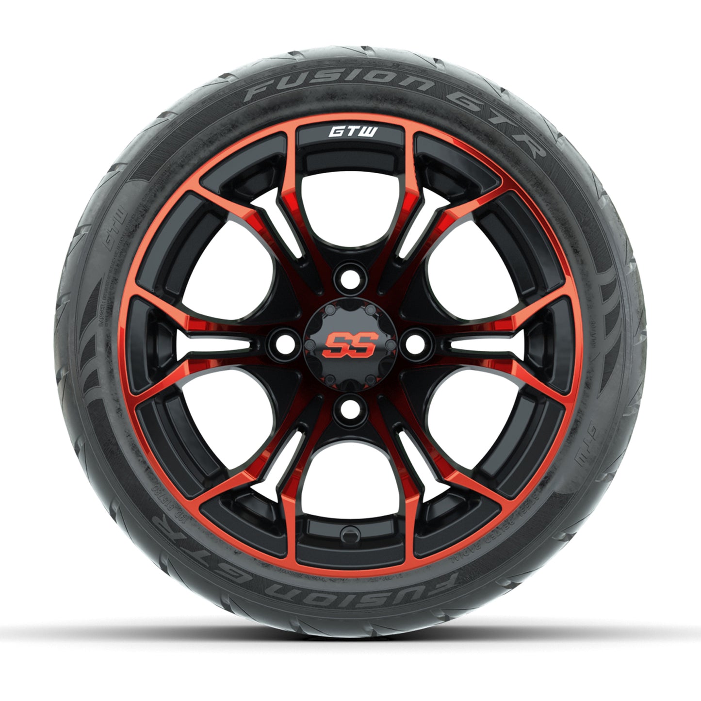 GTW® Spyder Black/Red 12 in Wheels with 215/40-R12 Fusion GTR Steel Belt Radial Street Tires – Full Set
